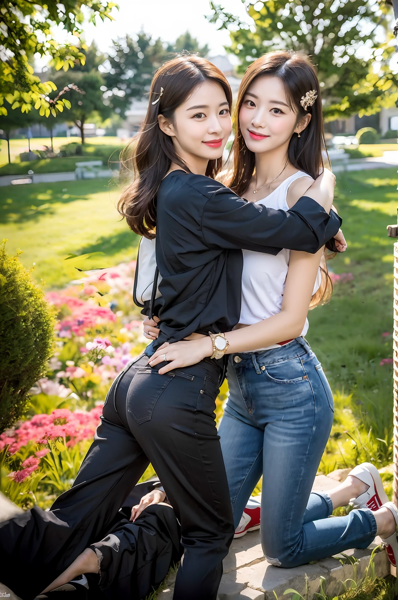 （RAW photogr，超高分辨率，tmasterpiece，best qualtiy：1.4），Complicated details，2 20 year old Korean girl，Wear a loose black T-shirt and stylish jeans，Stand on the grass and take pictures，hugs，Intimate relationships，Detailed meadow，A sweet smile on a small face，The face and skin are pink and fair，Ultra-realistic facial details，Beautiful ribbons and hair accessories，Playful and coquettish pose，The calves are straight and slender:1.5，Wear high-end branded colorful travel shoes:1.5，eventide，warm color，Broad lighting，naturalshadow，Shoot from the back，Beautiful waist and hips，taking a full body photo:1.8