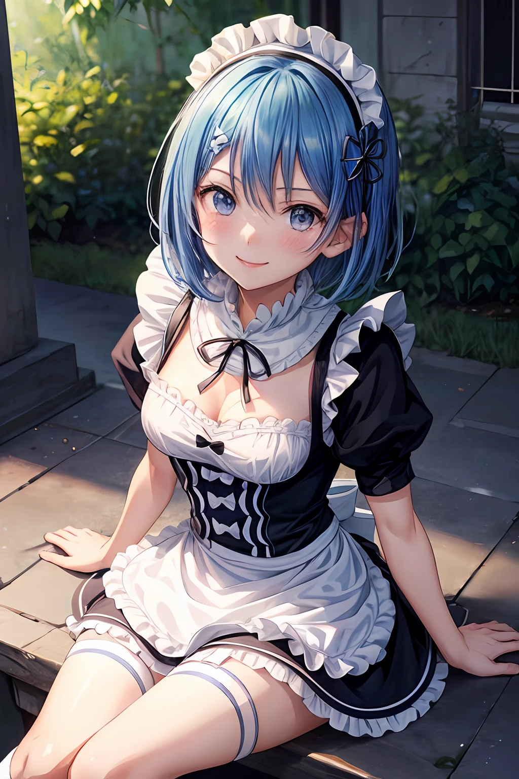 blue hair, short hair, eye covering), (re:zero\), (smile, blush, contempt), (castle), (masterpiece, accurate, best quality, best quality, high resolution, textured skin,)( anime shoujo, beautiful anime high school girl) (skirt, medium breasts, thin legs, white knee-length socks), blush, ((maid outfit)), dignified, anime! 4 K, anime! 4k, loli in dress, high-detail official artwork