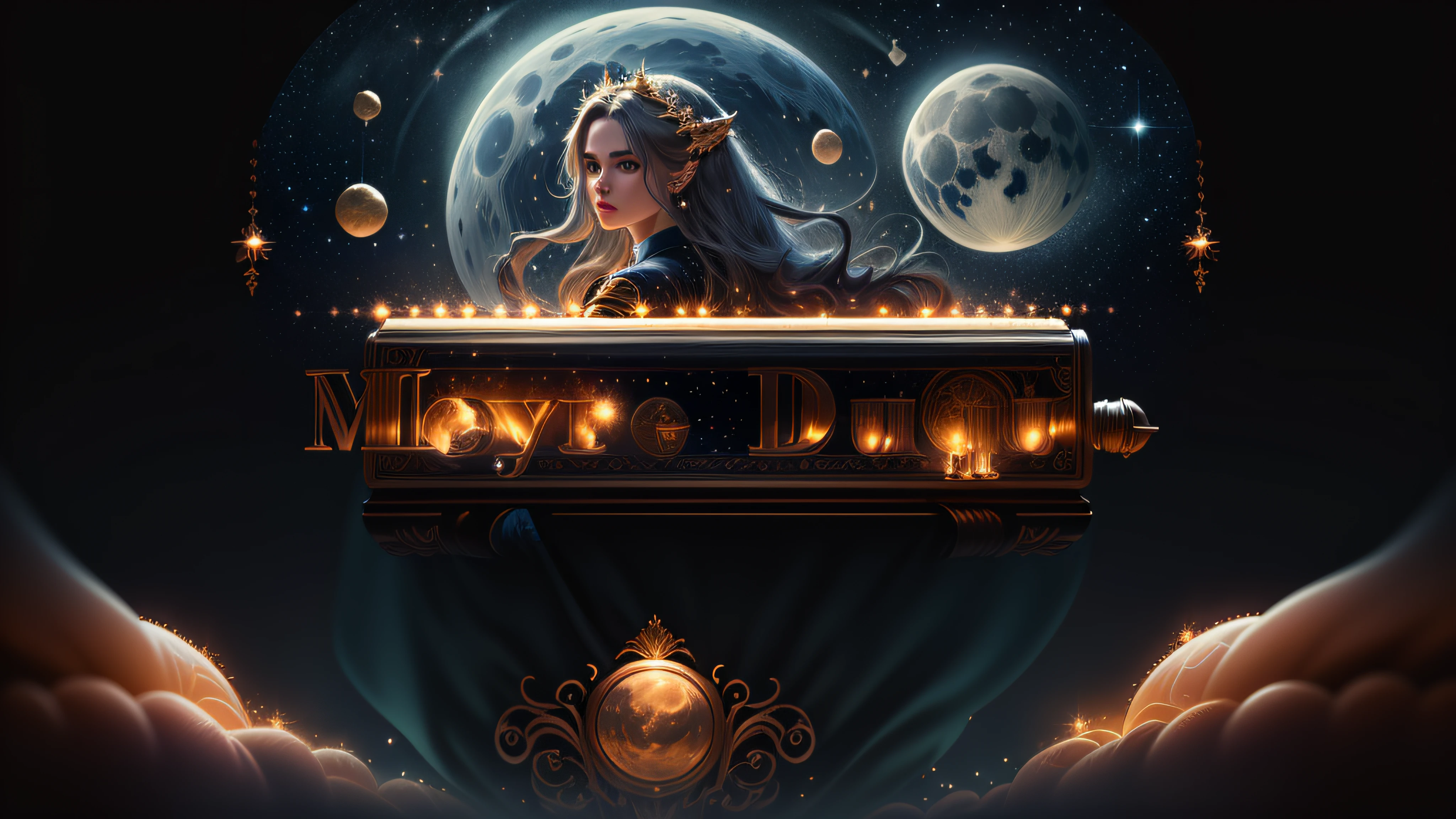 Logo with the name Meyre Duke in a starry night sky with huge full moon and a woman with long, flowing hair in close up, em zoom in, bokeh, flares,