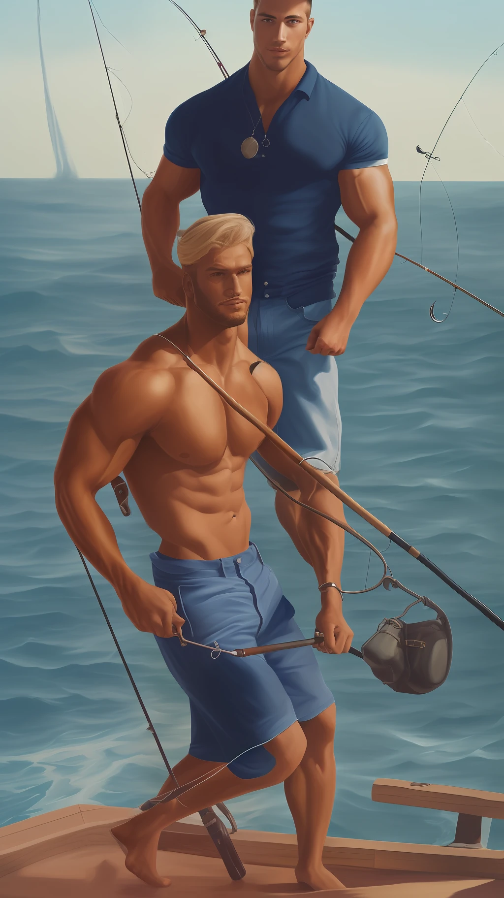 A painting of an insanely handsome 50s attractive fisherman by the ocean, full body, big beefy man, ripped checkered, exposed body, raunchy, toned body, beach, summer, sunny, soft lighting, muscular, extremely charming, kind smirk, dimple, fishing tools, boats, fish by  Craig Mullins, Greg Rutkowski, painterly style, central composition, big nose, blonde hair, insanely handsome.