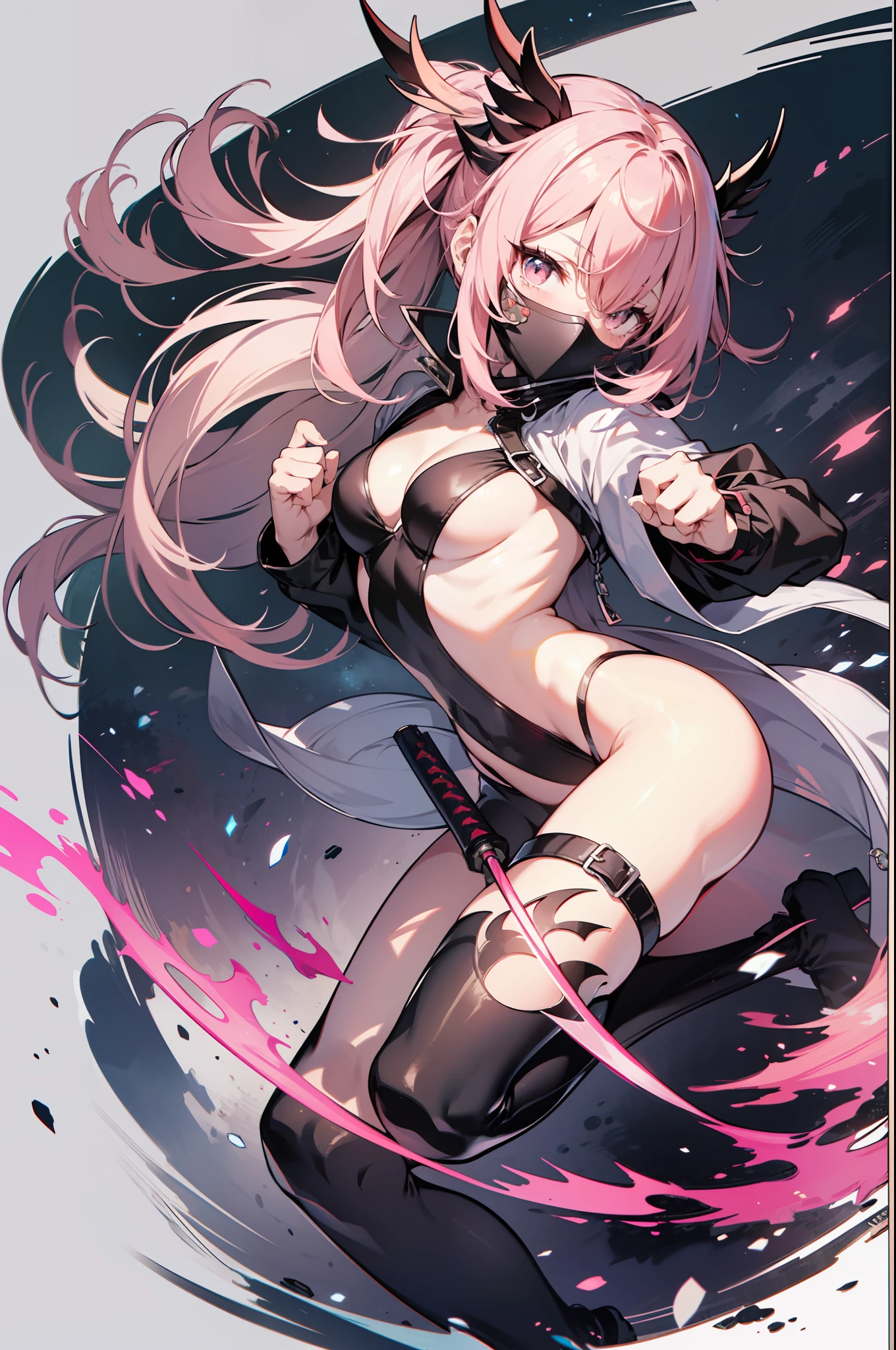 high-level image quality、top-quality、Detailed drawing、Does not blush cheeks、Slender beauty、full body Esbian、Docile、ninjartist、Kunoichi、Suku Swimsuit、Small eyes、Smaller chest、Contrasty、hime-cut、Pink hair、Battle Scene Pose、fighting poses、Holding a sword in both hands、Mask Mask