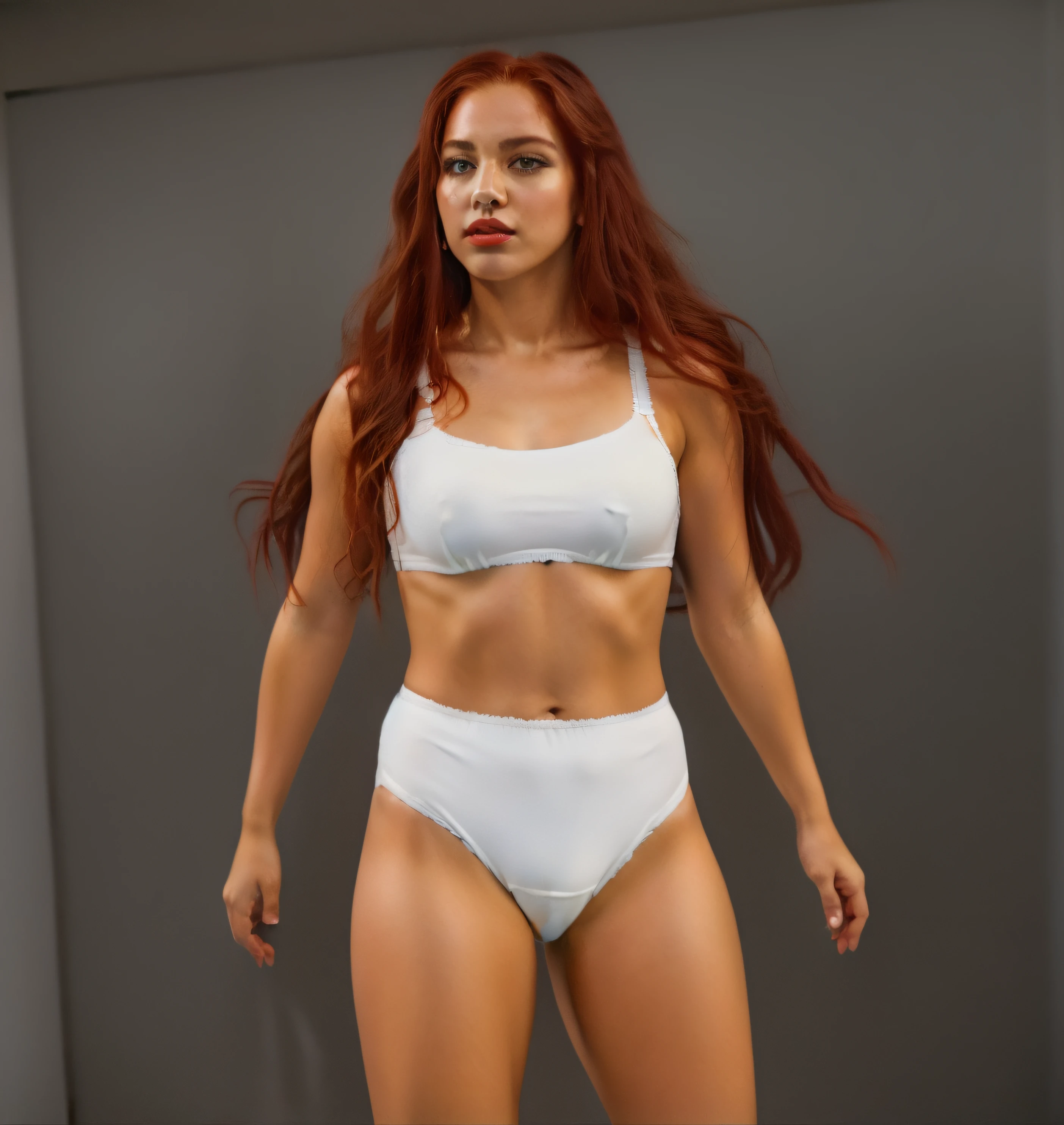 ((masterpiece, best quality)), Curvy Red-haired Hispanic female wrestler in white bra and white cotton , in changing room, wearing red lipstick, photo realistic, intricate details, 90's female wrestler, 90's film, 90's movie scene, 90's TV Style, 90's women's underwear commercial