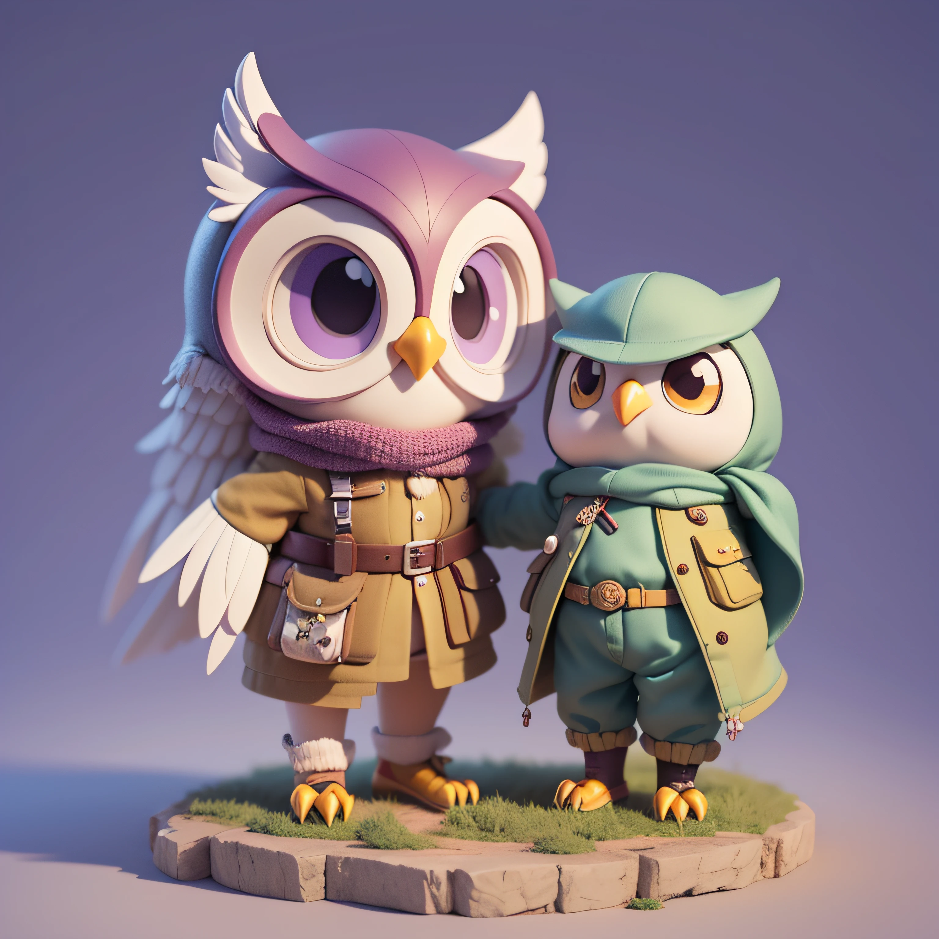 highly detailed 3D render cute owl with soldier costume, kids cartoon style, high detailed textures, soft smooth textures, soft purple rocks color gradient in background.