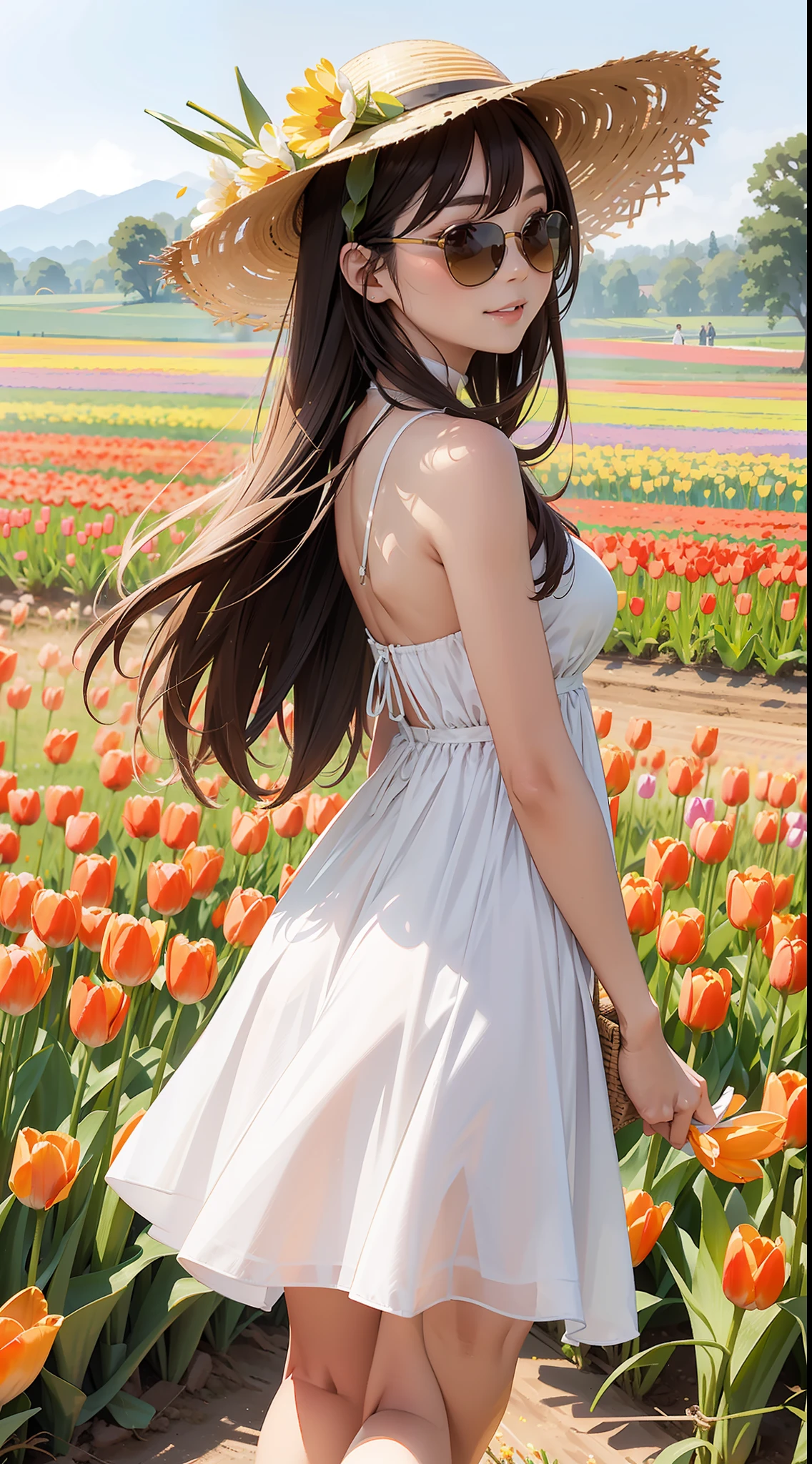 there is a pretty chinese woman standing in a field of tulips with a sun hat on and wearing sunglasses and wearing white halter dress revealing back, long wavy brown hair, wearing sunglasses, tall and slim, beautiful, subtle smile, standing in tulips field, standing in a flower field, woman standing in tulips field, girl standing in a flower field, with flower fields as foreground, in a field of flowers, flower fields, girl standing in flower field