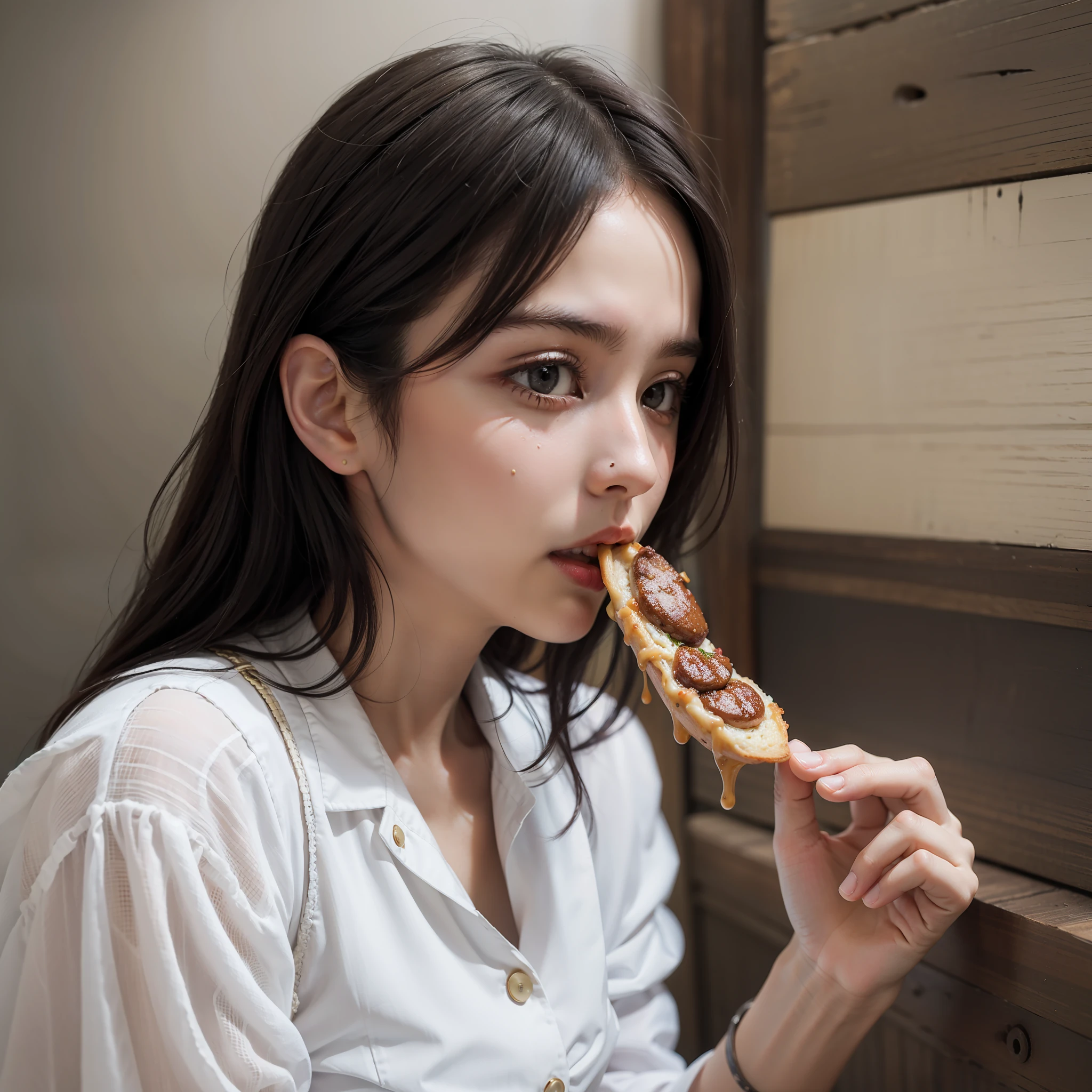 Dressed woman eating greasy food with very realistic and detailed nervous expression