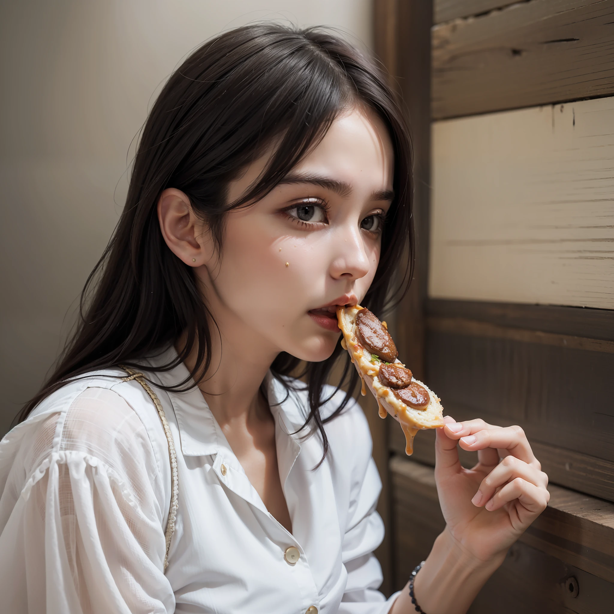 Dressed woman eating greasy food with very realistic and detailed nervous expression
