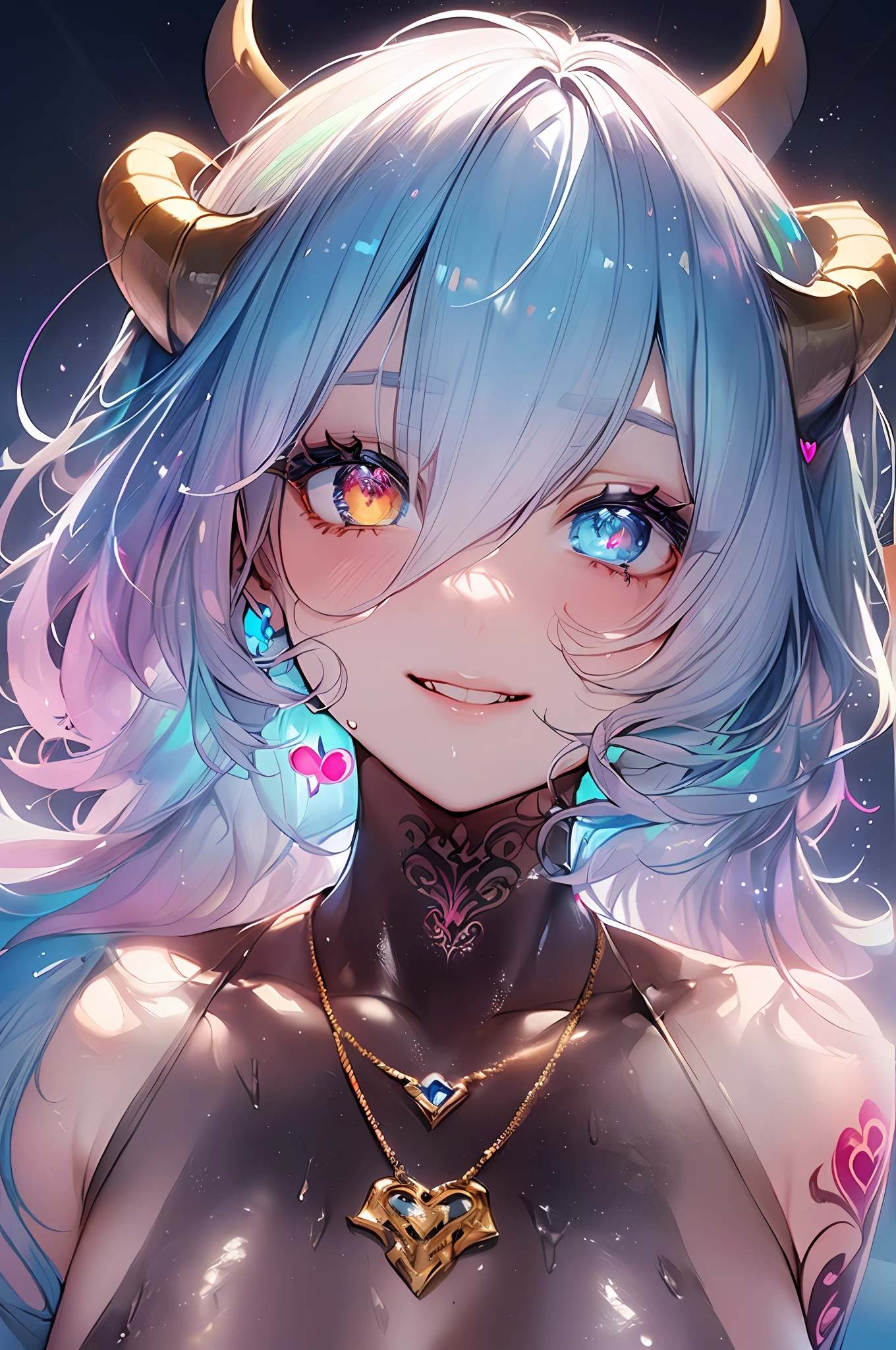 ((Masterpiece, Top quality, water color art (Pendants), offcial art, Beautiful and aesthetic: 1.2)), (Golden ratio: 1.2), (full bodyesbian: 1.2), (Super detail: 1.3), (1 girl: 1.3), (Fractal art: 1.3), full bodyesbian, (Glitter Pupil)), patterns, (rainbow colour hair, Colorful hair, Half light blue and half pink hair: 1.2)), Colorful, Writing, (Heterochromia), (Colorful: 1.5), (((Shy face)), ((Tiny micro bikini)), (standing), (ultra - detailed), ((exquisitedetails)), (intricately details), ((Cinematic light, Highest quality backlight)), High contrast, ((BEST lighting, Very delicate and beautiful)), (( Cinematic light)), (ray-traced reflection, Glow), (((Glowing aura)), ((Glowing hair)), ((Super detail)), (8K)), ((close up front)), ((Brown skin)), (Showering), ((Seductive smile)) ,((high angle full body shot)),(NSFW:1.5),completly,((Demon Girl, devil horns, Demon tail, Demon's wings, Pubic bone_A tattoo, heart - shaped pupils))