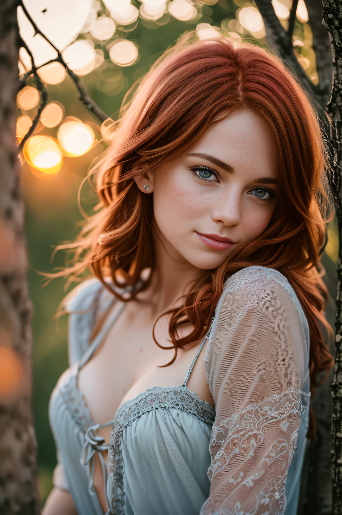 (8k, RAW photo, highest quality) depth of field, bokeh, 8K, HDR, cinematic rendering, a portrait of a 36-year-old redhead, framing from the navel, some small freckles, dressed in a ragged nightie, straps dropped, peeled off, leaning against a tree in the wilderness, goosebumps, cinematic, faded colors, dark shot,  muted colors, grainy film, read, crazy details, intricate details, hyperdetailed, sunset, shyness, seduction, romance, looks at the camera lens lovingly, no visible hand, shadows and lights