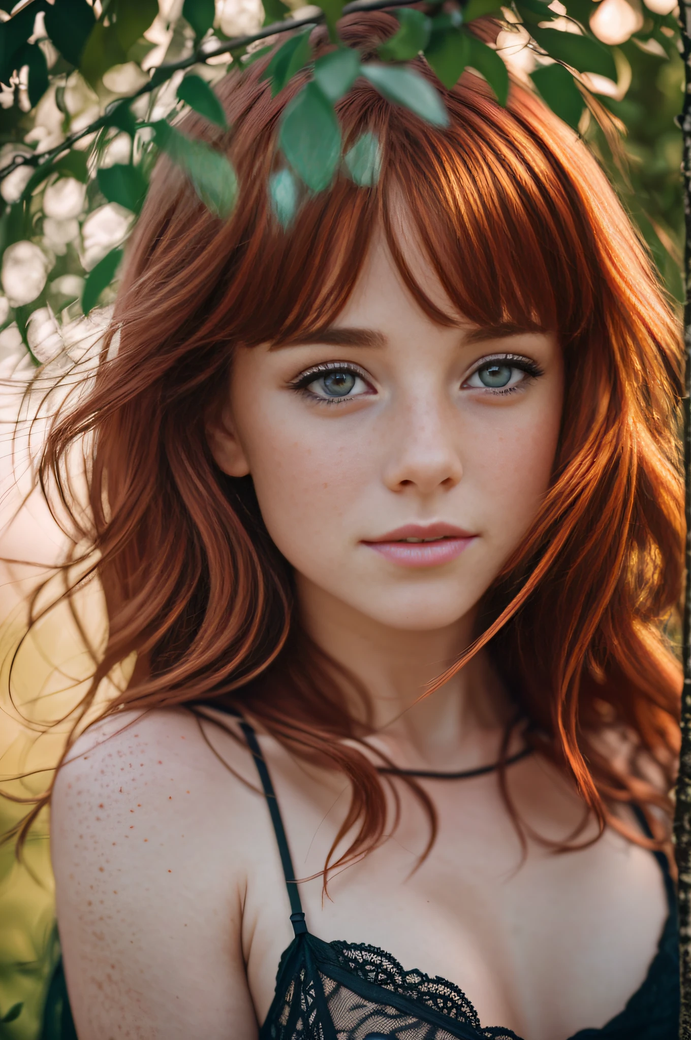 (8k, RAW photo, highest quality) depth of field, bokeh, 8K, HDR, cinematic rendering, a portrait of a 36-year-old redhead, framing from the navel, some small freckles, dressed in a ragged nightie, straps dropped, peeled off, leaning against a tree in the wilderness, goosebumps, cinematic, faded colors, dark shot, muted colors, grainy film, read, crazy details, intricate details, hyperdetailed, sunset, shyness, seduction, romance, looks at the camera lens lovingly, no visible hand, shadows and lights