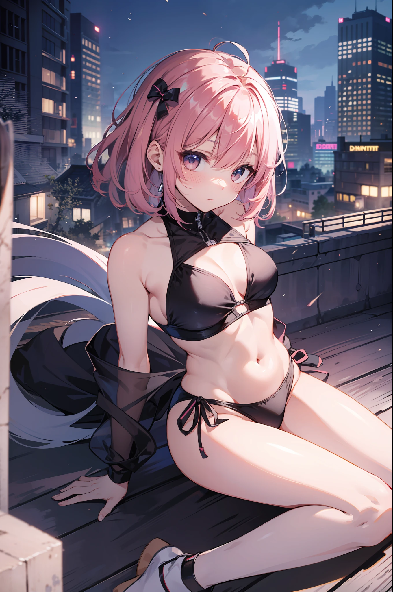 high-level image quality、top-quality、Detailed drawing、Does not blush cheeks、Slender beauty、full body Esbian、Docile、ninjartist、Kunoichi、Suku Swimsuit、Small eyes、Smaller chest、Contrasty、hime-cut、Pink hair、Battle Scene Pose、fighting poses、Holding a sword in both hands、Night city