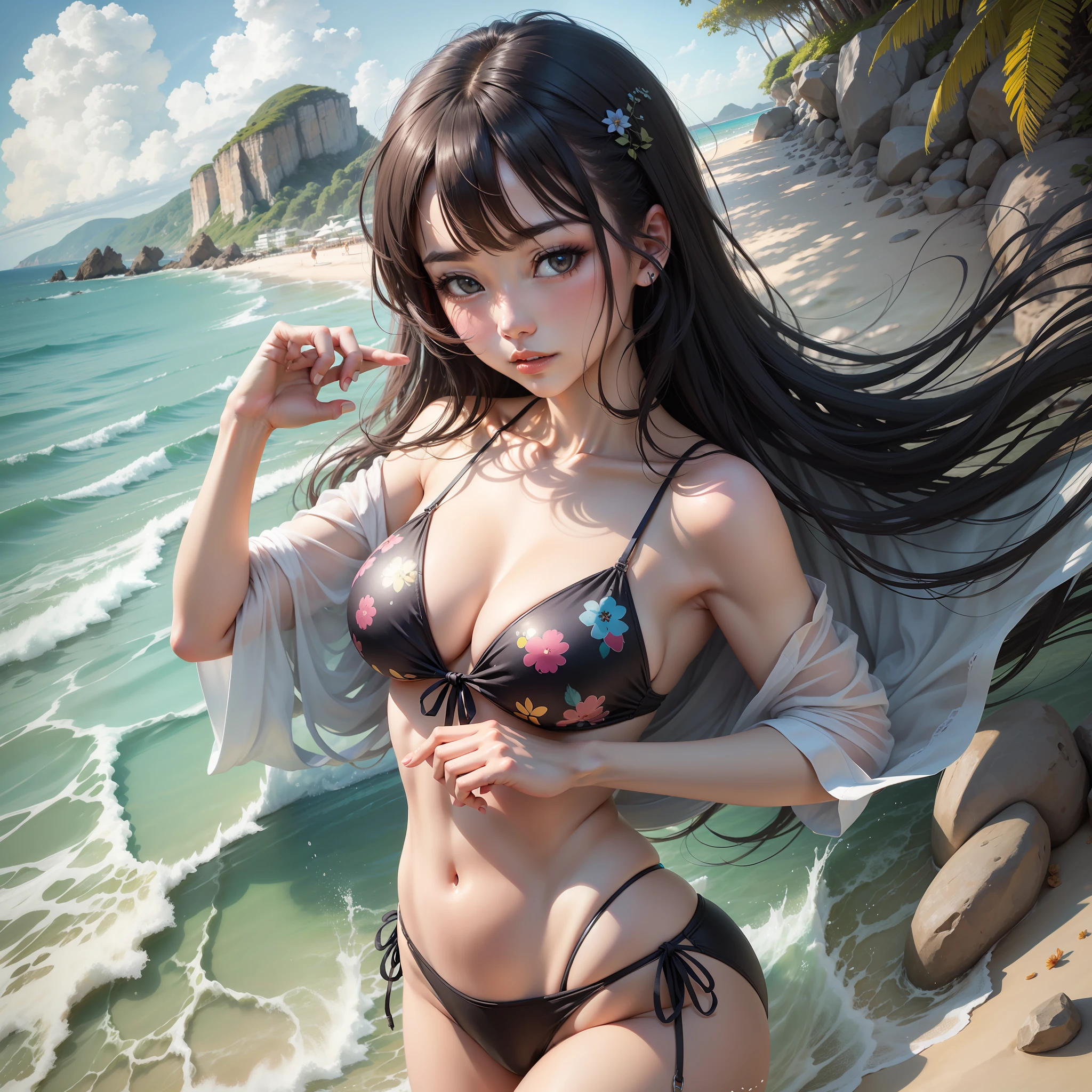 masutepiece、selfee、a picture、Pulling the viewer's hand、Dynamism、Beautuful Women、Beautiful long hair、The bikini、Good weather、Location is beach、Shining、