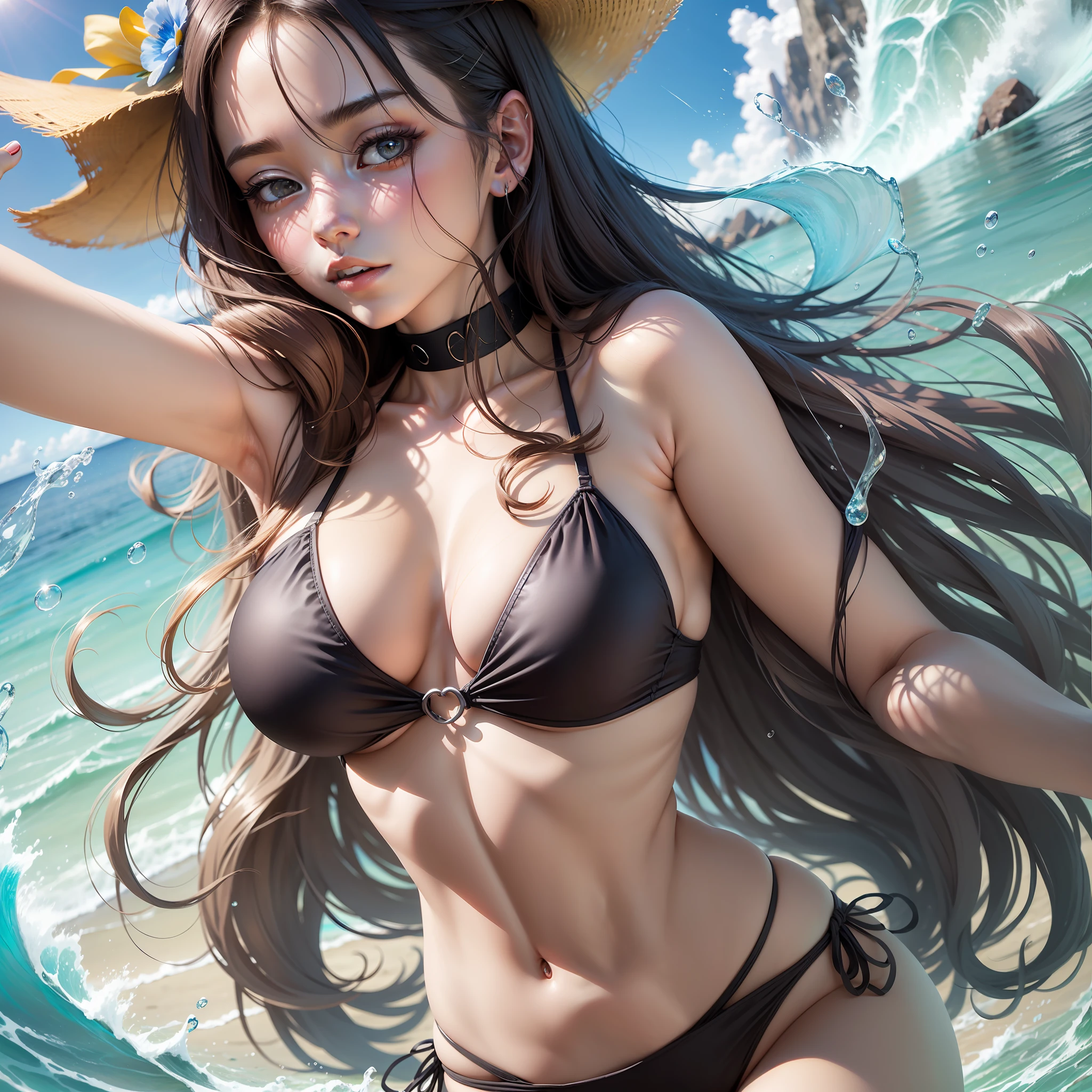 masutepiece、selfee、a picture、Pulling the viewer's hand、Dynamism、Beautuful Women、Beautiful long hair、The bikini、Good weather、Location is beach、Shining、