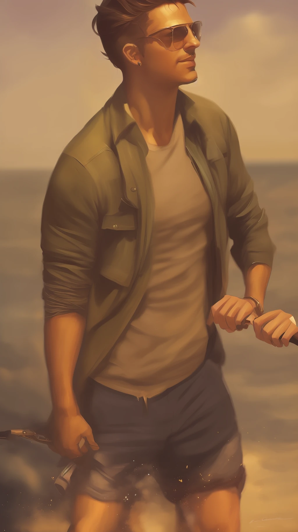 A painting of an insanely handsome 50s attractive fisherman by the ocean, full body, very hairy body, big beefy man, ripped checkered, exposed hairy body, tanned, raunchy, toned body, beach, summer, sunny, soft lighting, muscular, extremely charming, kind smirk, dimple, fishing tools, boats, fish by Craig Mullins, Greg Rutkowski, painterly style, central composition, big nose, big hands, light brown hair, insanely handsome.