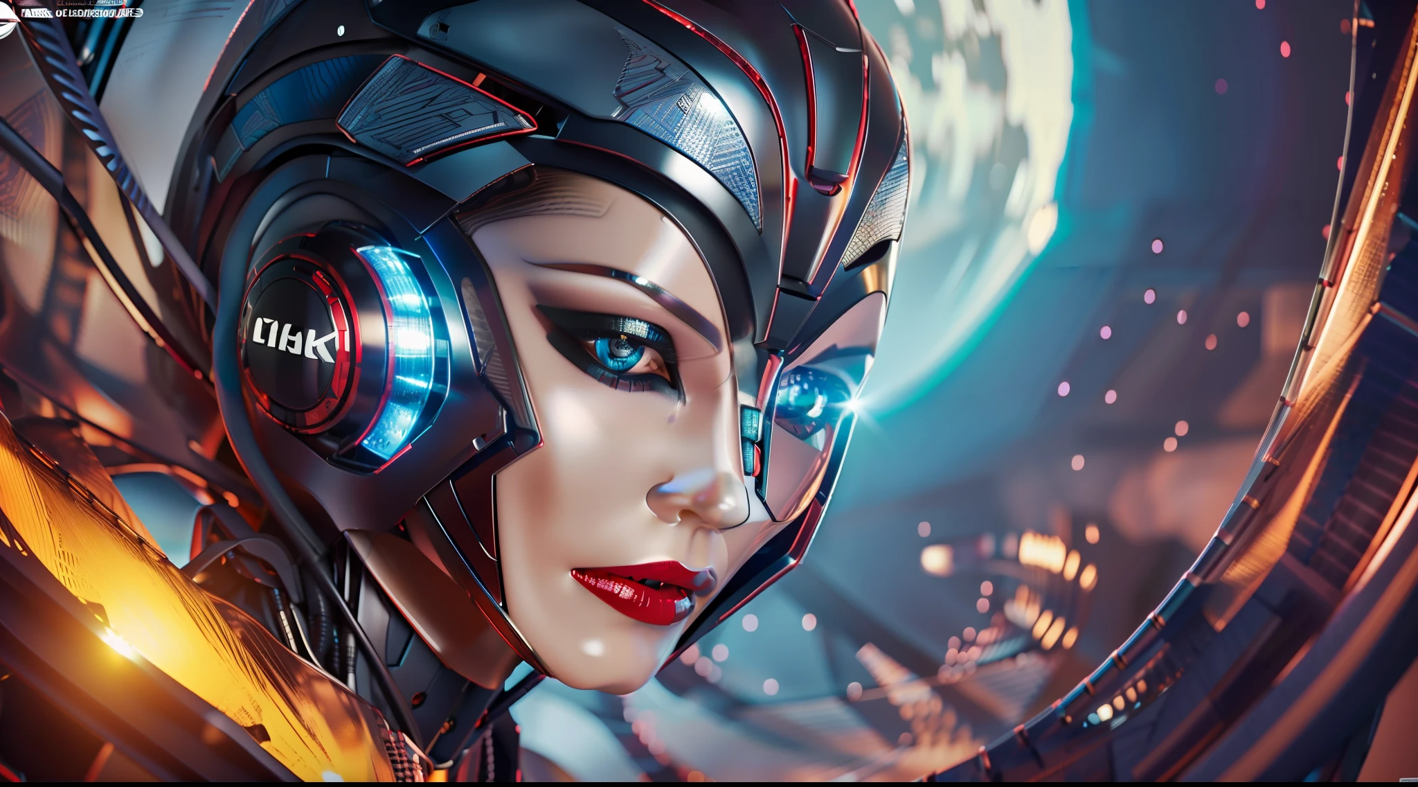 ((La mejor calidad)), ((Obra maestra)), (Detallado), Estilo Midjourney, primer plano, Mujer, robot, ojos rojos, Arte conceptual, inspirado por Marek Okon, Arte digital, Crysis Nanosuit, futuristic, (Elementos brillantes:1.1), 4:3 aspect ratio, dynamic duo, hiperdetallado, Hiperrealismo, ojos detallados, ojos azules brillantes, glossy red lipstick, ((La mejor calidad)), ((Obra maestra)), (Detallado), 8k UHD, Nikon 70d, ISO200, f/2.8, 1/25 segundos, 70mm