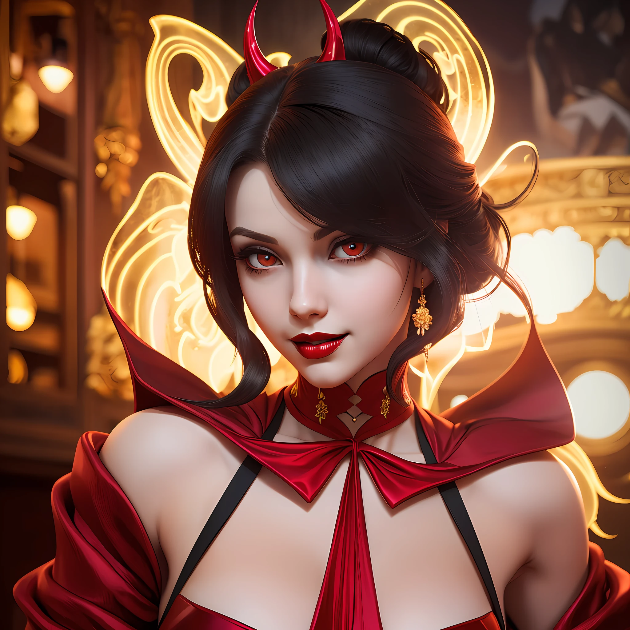 1 beautiful devil woman from hell, In the Dark: 1.6), surreal female portrait by David Hockney and Alphonse Mucha, fantasy art, korea doll, photorealism, dynamic lighting, artstation, poster, volumetric lighting, very detailed faces, 8k ultra, Awarded, in the dark, deep shadow, low key, cowboy lens, (Red phoenix dress: 1.4), long hair, black hair, bust, luxurious palace, Royal style, devil crown, red eyes make up very sharp and detailed, The most beautiful face, The breasts are very big and round and round, Super realistic, chinese women's clothing, polo neck sweater, Charming smile, The eyes are very well made up, guweiz, devil style, wearing black mesh socks, Ponytail with a bow tied at the back of the hair, Red black lips, Devil tattoo on shoulder, wearing a thin red and black robe, the landscape is overcast and thunderous, (Portrait), Close-up of the main character, (Background details 1.8),