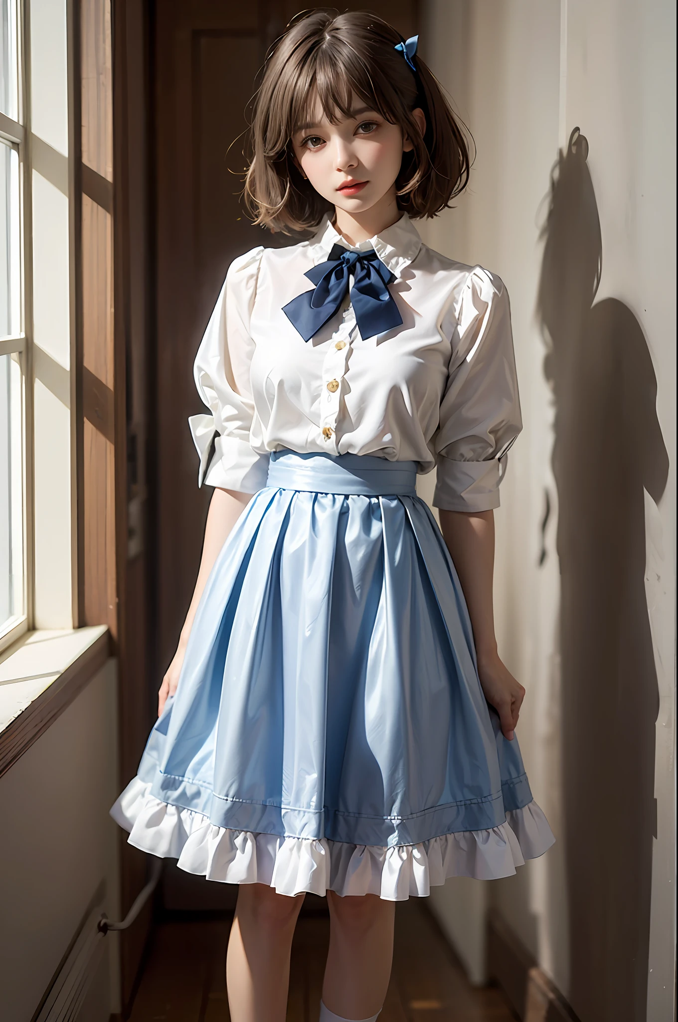 Photorealsitic, Bright indoor, Soft light, Low contrast, Shallow depth of field, Beautiful adult woman illuminated by gentle light, short length bangs, hair color is a dark chestnut shade with a slight brown tone, hair with a subtle and gentle wave, Short Bob Hair, Decorate your hair with ribbons, (White blouse with ruffles), (a bow tie), (Blue long skirt), (Silk white ankle-length socks、with frills), (is standing:1.5), (Full body:1.5)