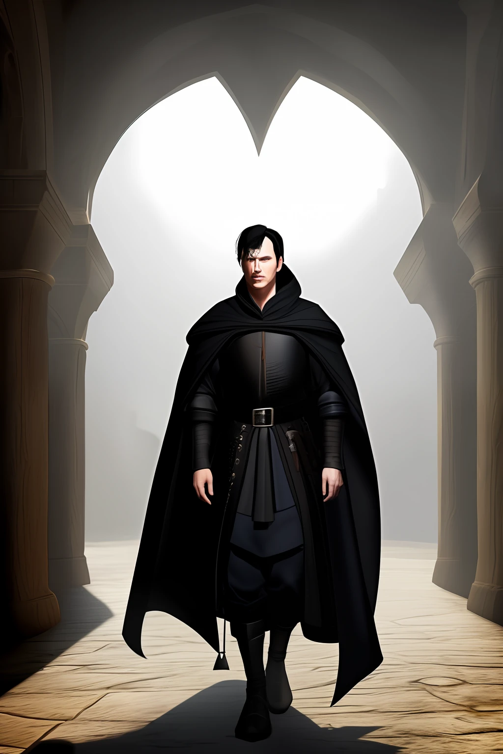 White man with black medium hair, black clothes, medieval, fantasy, dark fantasy rpg, shadow aura, shadow master