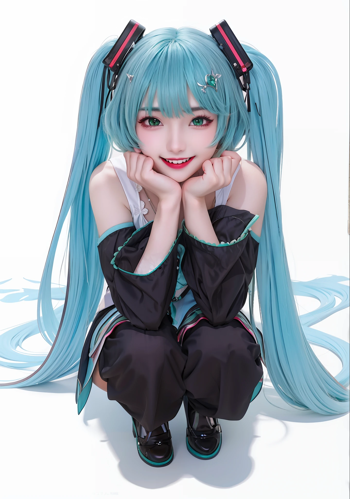 blue green hair,dual horsetail,Raised sexy,adolable,open-mouth smile,Squat,offcial art,Unity 8k壁纸,ultra - detailed,Aesthetics,tmasterpiece,best qualtiy,realisticlying,Photo level