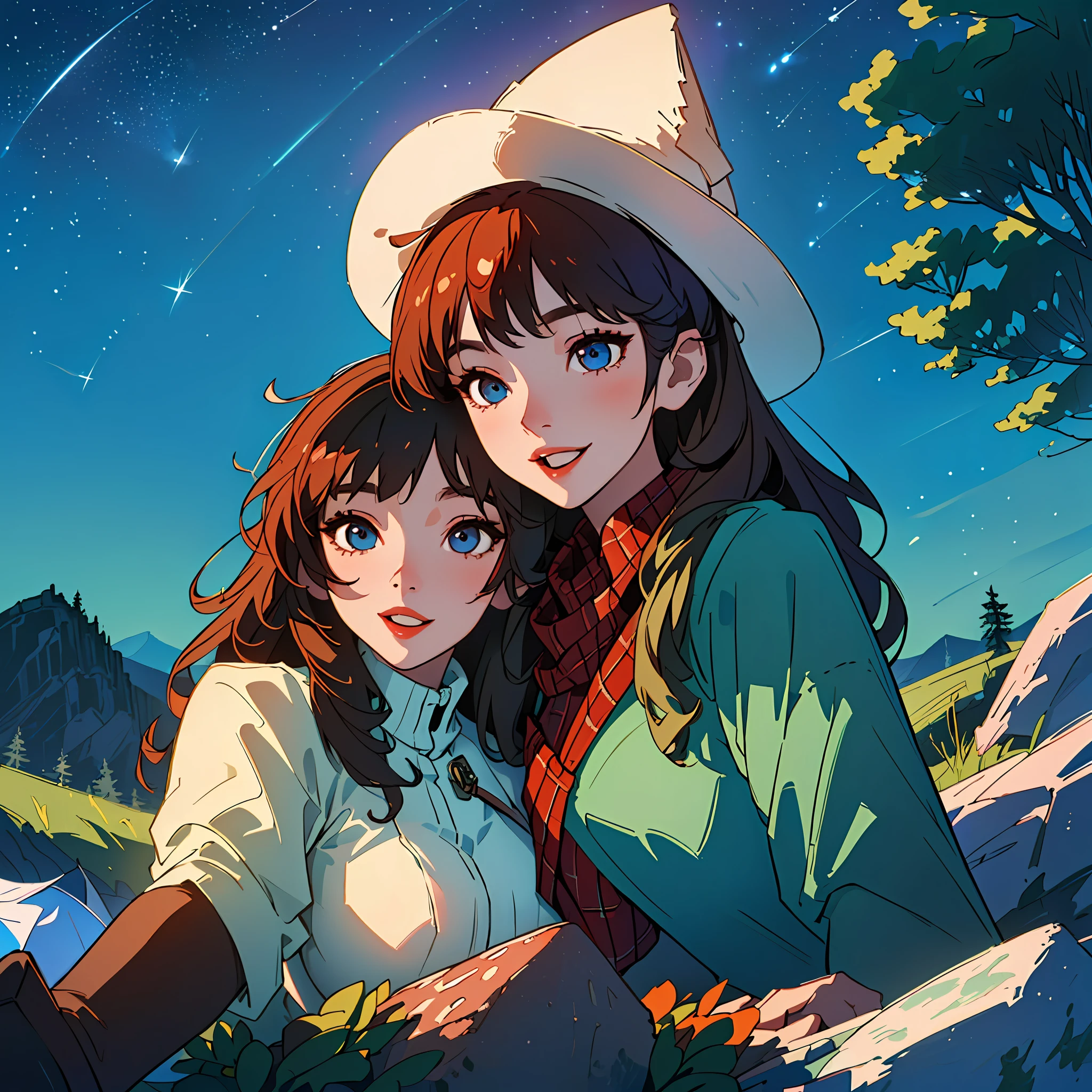 1 woman ((upper body selfie, happy)), masterpiece, best quality, ultra-detailed, solo, outdoor, (night), mountains, nature, (stars, moon) cheerful, happy, backpack, sleeping bag, camping stove, water bottle, country boot, country hat, red plaid shirt long sleeve open, lantern, forest, rocks, river, wood, smoke, shadows, contrast, clear sky, style, (warm hue, warm tone: 1.2), close-up, cinematic light, side lighting, ultra high resolution, best shadow, RAW, upper body, wearing lingerie, seductive look, huge breasts, 4k, open neckline, sexy