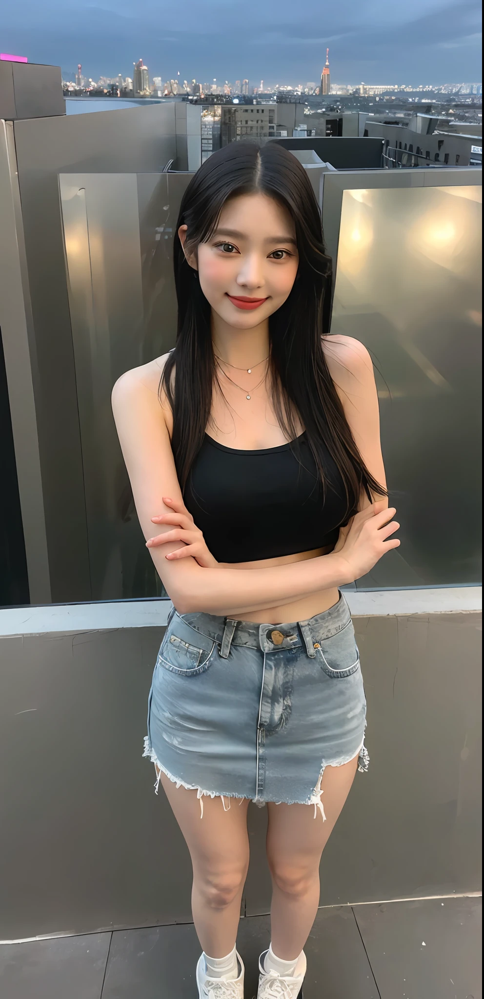 ((Midnight, Best quality, 8k, Masterpiece :1.3)), Sharp focus :1.2, A pretty woman with perfect figure :1.4, Slender abs, thigh :1.1, ((black hair, large breasts :1.2)), (tight tanktop, jeans skirt, sneakers, standing :1.2), ((night city view, rooftop:1.3)), Highly detailed face and skin texture, Detailed eyes, Double eyelid, smirk, close up view, from above