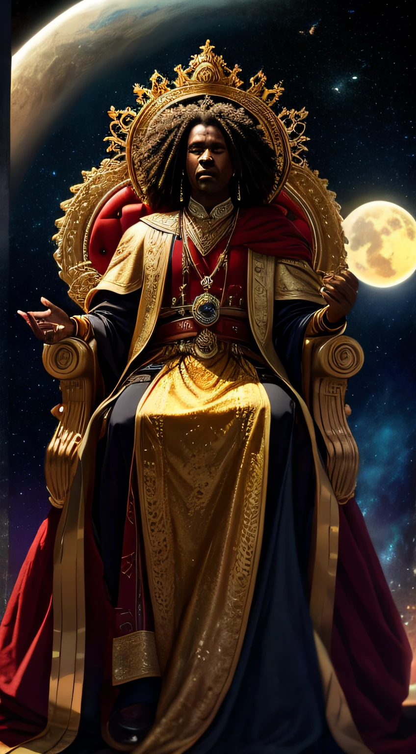 super high res, melhor qualidade, foto, 16k, (fotorrealista: 1.2), cinematic lighthing, An old dark-skinned Afro black man in the shape of a mythical god. Retrate o deus segurando o sol e a lua, envolto por uma aura radiante. Seat them on a magnificent throne within a cosmic backdrop, em mantos brancos brilhantes e flutuantes no trono de cristal, flutuando sobre nuvens de cristal, cercado pelos esplendores do universo. Pay meticulous attention to stunning details and achieve a resolution of 64K for an immersive and realistic visual experience. Let your work capture the essence of myth and wonder, deixando os espectadores maravilhados com sua beleza e poder.