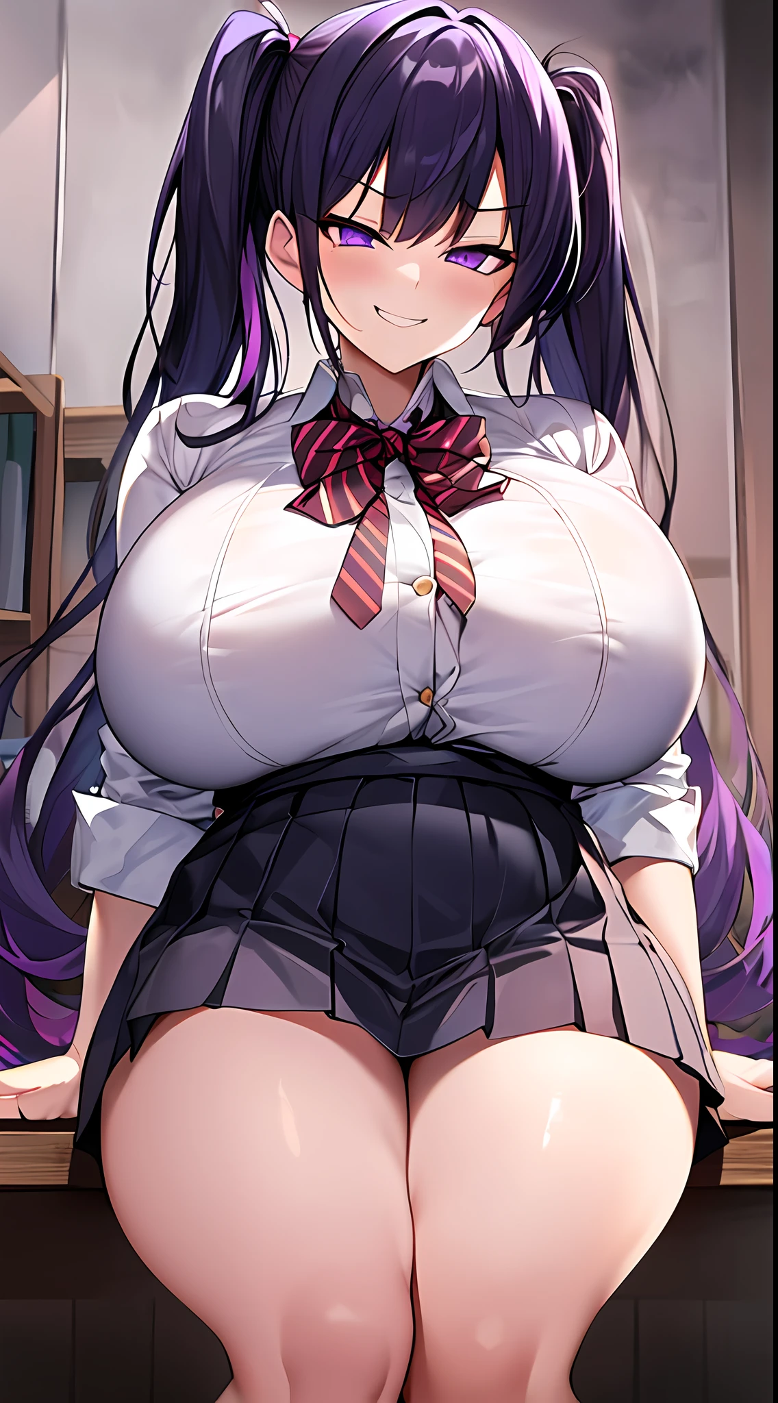 (masutepiece:1.0),(1girl in),(Massive),(huge-breasted),(Twintail),(School uniform),(White shirt),(crass room),(sit),(Smirk),(purple black hair),(Purple eyes),(From below),(Thigh)