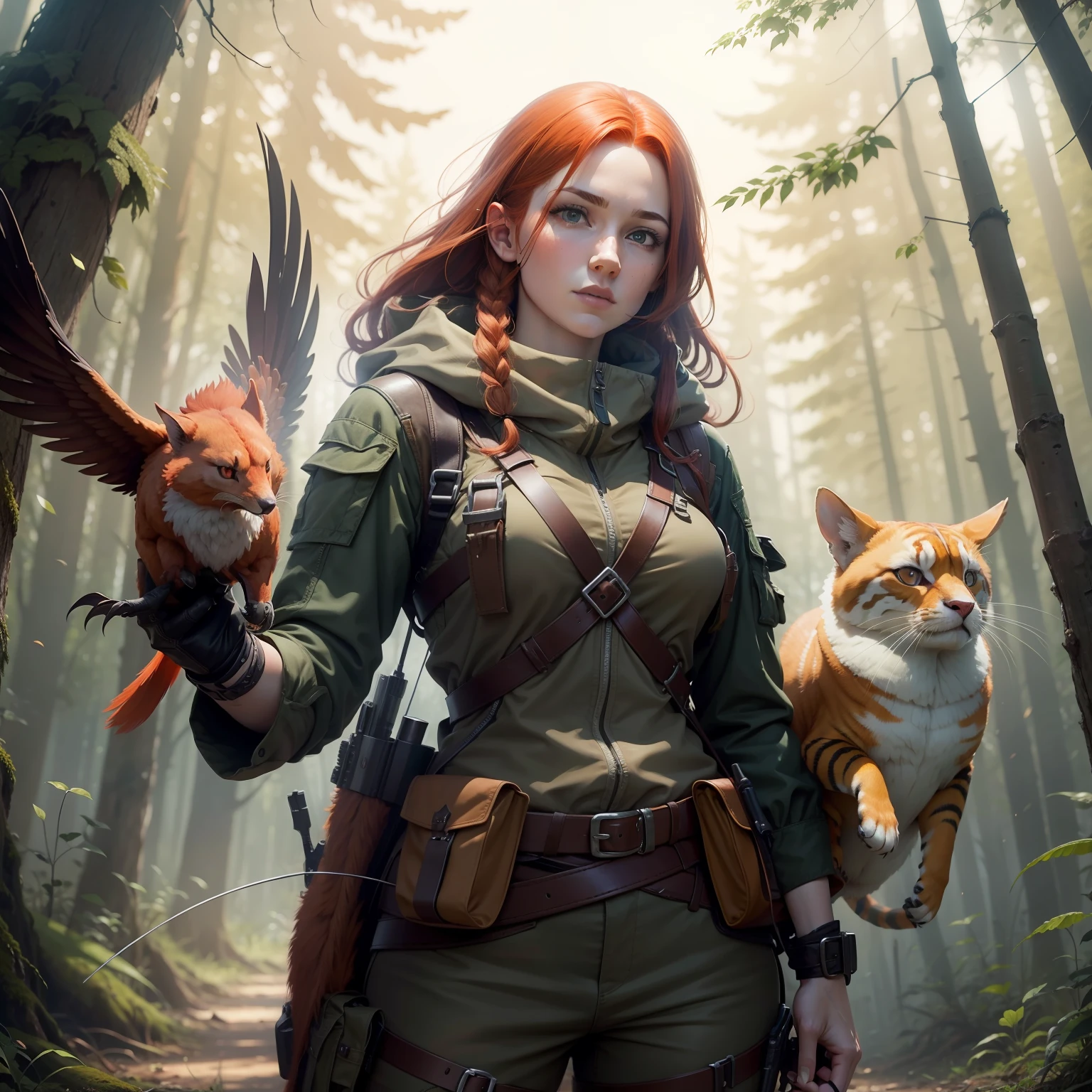redheaded female hunter with two exotic pets in the wilderness with a crossbow