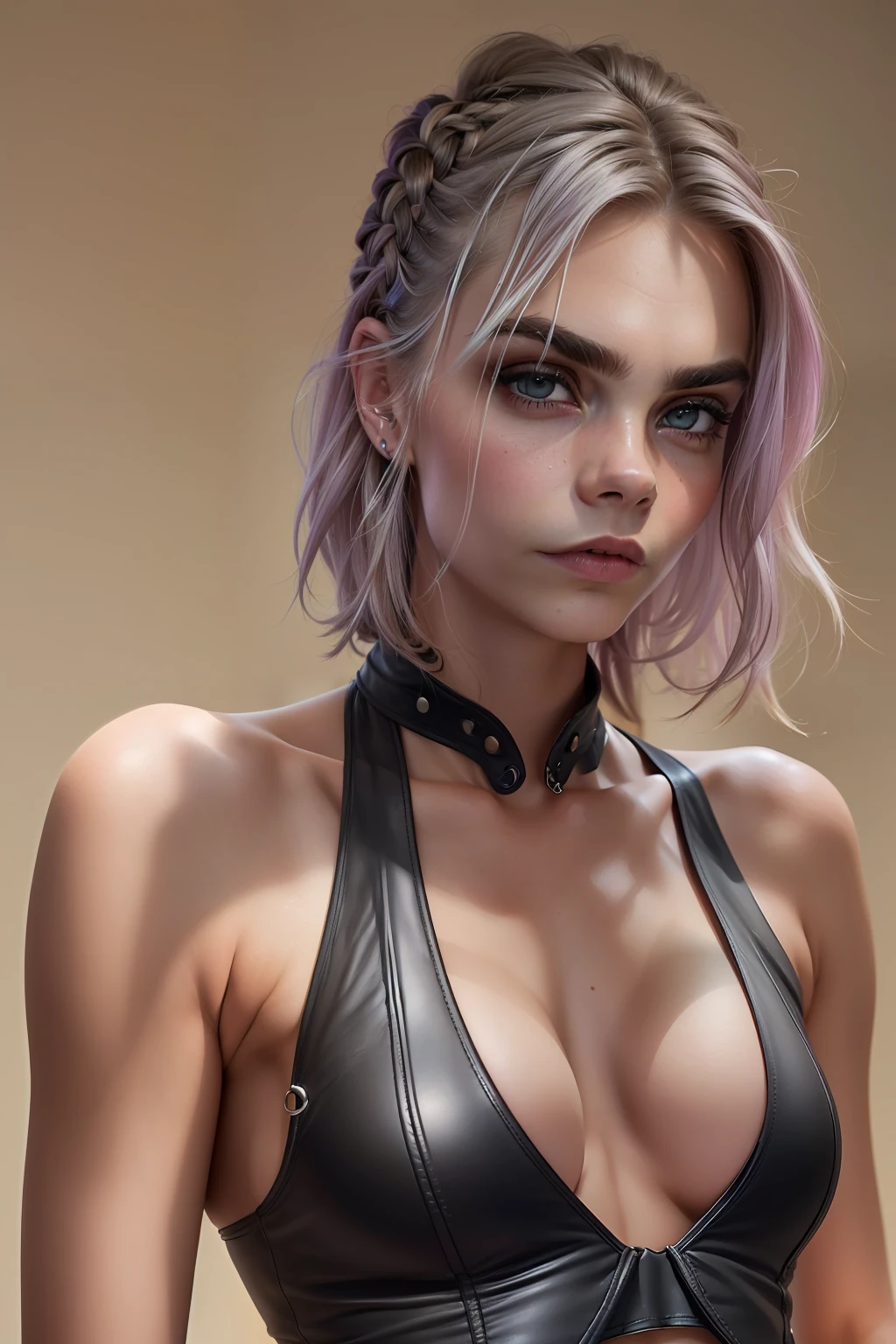 (((Cara Delevingne steht in einem dunklen Schlafzimmer)), ((Seile an den Armen)), (She wears black leather hot pants), ((she wears an open bra)), (kleiner Kopf), ((detailliertes Gesicht)), (fotorealistisch), (Raytracing), (scharfer Fokus), ((natural realistic skin texture)), detaillierte Lippen, (wild), ((wilde Haare)), ((full body)), ((Brustwarzen)), ((hihelz))