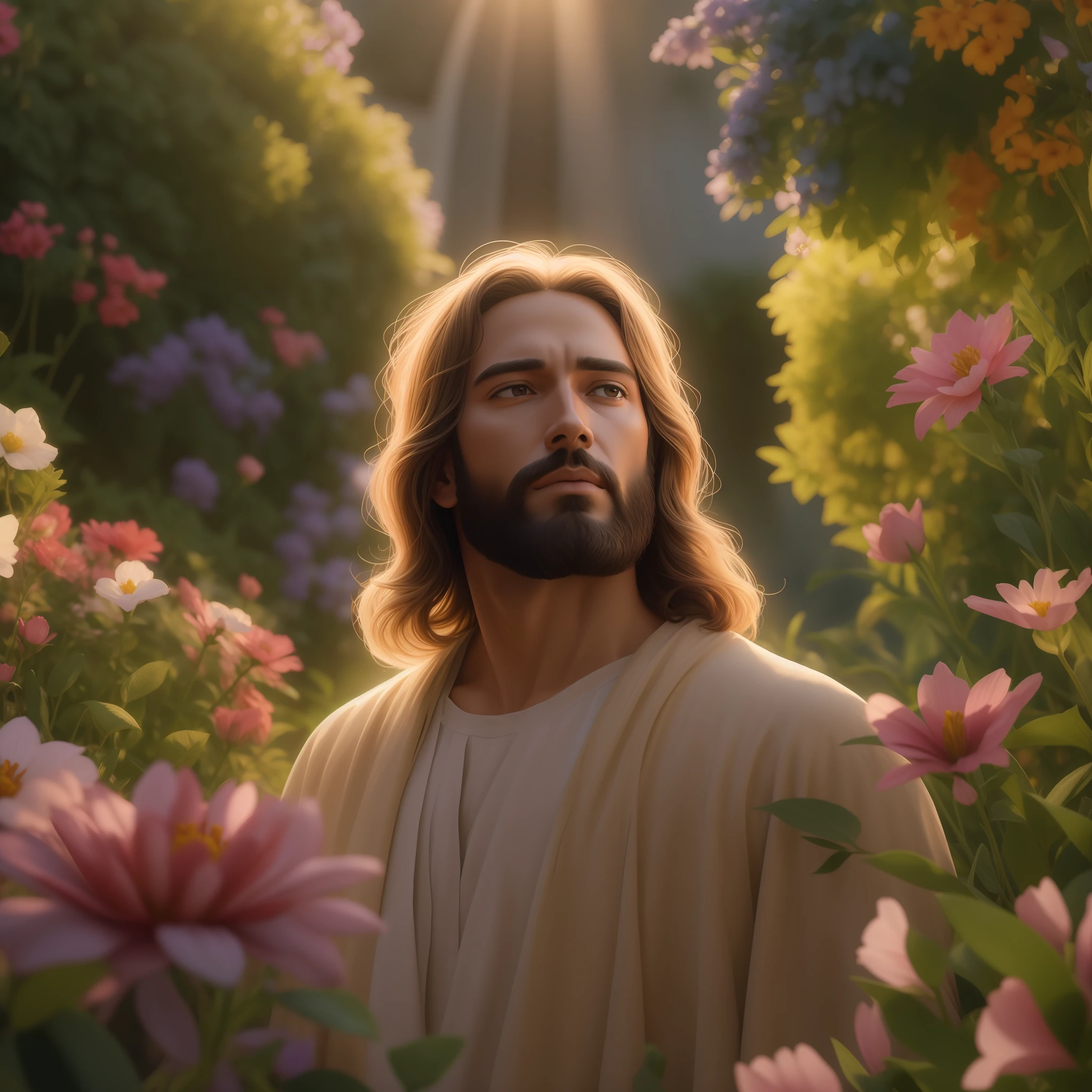 "Generate a realistic depiction of Jesus in a garden, com flores coloridas ao redor e luz suave iluminando seu rosto." high definition image, detalhamento alto e estilo fotorrealismo. Imagem com pelo menos 300 dpi, UHD 8k