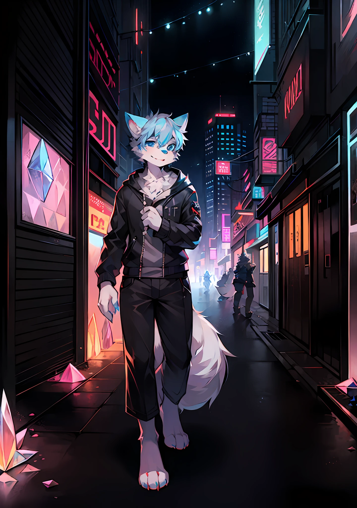 Furry,Wolf Boy,White fur,crystal blue eyes,Single fluffy tail,greyt hair,short detailed hair,On the streets of cyberpunk,the night,neonlight