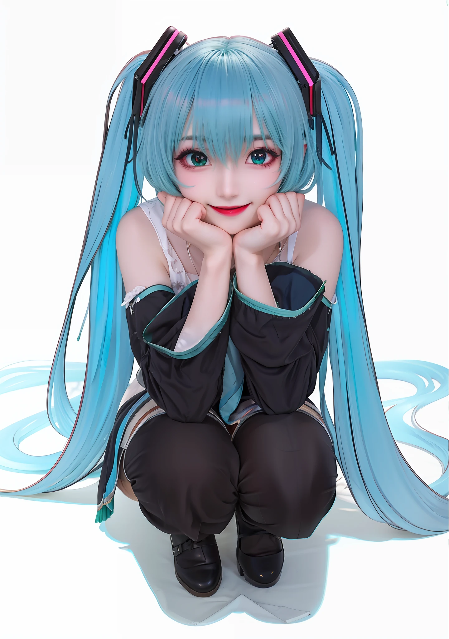 blue green hair,dual horsetail,Raised sexy,adolable,open-mouth smile,Squat,offcial art,Unity 8k壁纸,ultra - detailed,Aesthetics,tmasterpiece,best qualtiy,realisticlying,Photo level