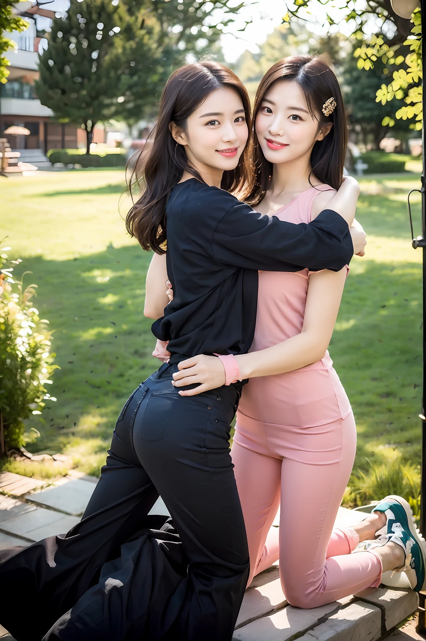 (RAW photogr,超高分辨率,tmasterpiece,best qualtiy:1.4),Complicated details,2 20 year old Korean girl,Wear a loose black T-shirt and stylish jeans,Stand on the grass and take pictures,hugs,Intimate relationships,Detailed meadow,A sweet smile on a small face,The face and skin are pink and fair,Ultra-realistic facial details,Beautiful ribbons and hair accessories,Playful and coquettish pose,The calves are straight and slender:1.5,Wear high-end branded colorful travel shoes:1.5,eventide,warm color,Broad lighting,naturalshadow,Shoot from the back,Beautiful waist and hips,taking a full body photo:1.8