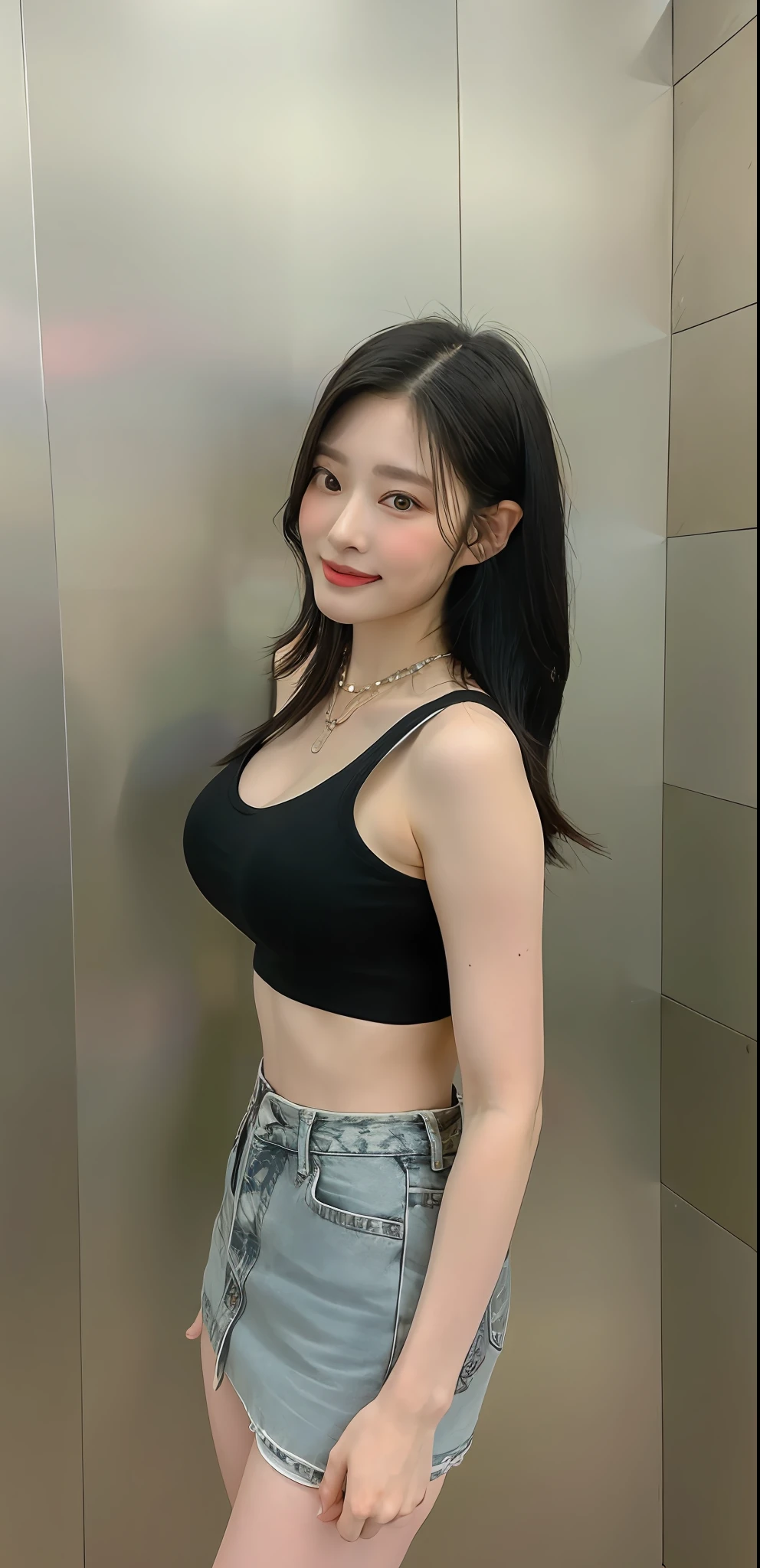 ((Midnight, Best quality, 8k, Masterpiece :1.3)), Sharp focus :1.2, A pretty woman with perfect figure :1.4, Slender abs, thigh :1.1, ((black hair, large breasts :1.2)), (tight tanktop, jeans skirt, sneakers, standing :1.2), ((inside the elevator :1.3)), Highly detailed face and skin texture, Detailed eyes, Double eyelid, smirk, close up view, from above