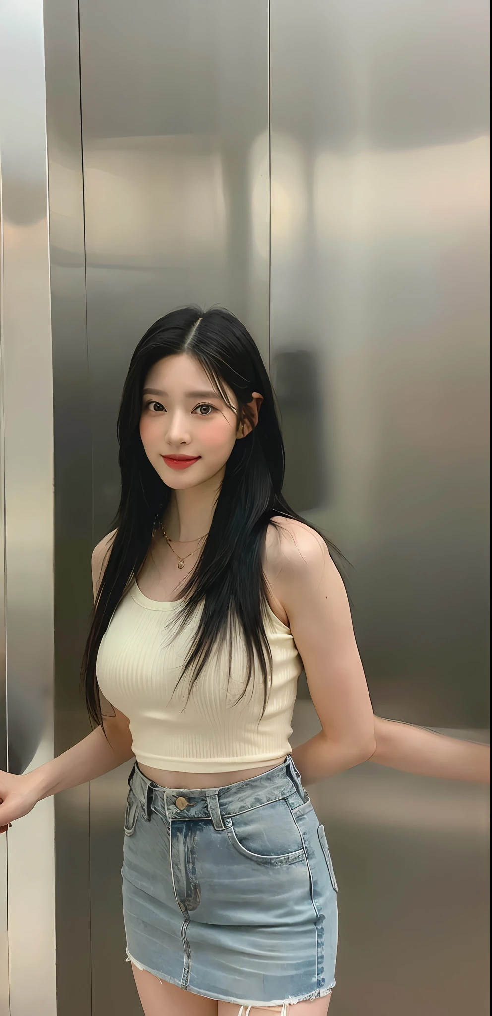 ((Midnight, Best quality, 8k, Masterpiece :1.3)), Sharp focus :1.2, A pretty woman with perfect figure :1.4, Slender abs, thigh :1.1, ((black hair, large breasts :1.2)), (tight tanktop, jeans skirt, sneakers, standing :1.2), ((inside the elevator :1.3)), Highly detailed face and skin texture, Detailed eyes, Double eyelid, smirk, close up view, from above