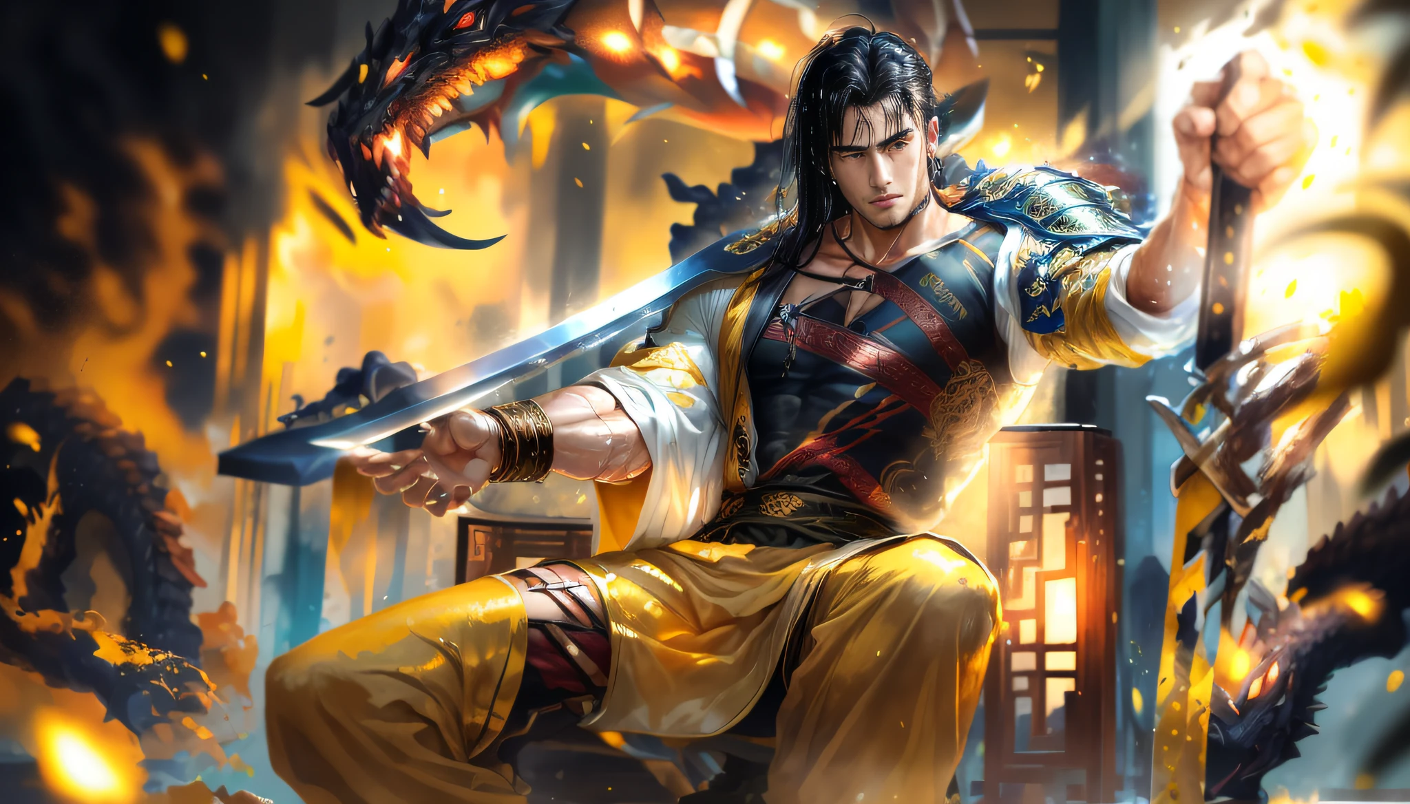 Two-dimensional, anime style, man (male warrior), muscle, correct proportions, face details, martial arts, high ponytail hairstyle, sweating, sweaty face, drooling, neck details, with Adam's apple, wet, wet, Hanfu costume, long robe, embroidered robe, dragon robe, clothing details, collar, long sleeves, game quality, swordsman demeanor, light and shadow tracing, ray tracing, detail glow, CG rendering, hair details, long black hair, golden eyes, sweaty face, handsome, handsome, sweat beads slipping down the neck, (juvenile feeling), complex clothing, wet, wet, perfect composition, refinement, high quality, more details, a lot of details, complex background, atmosphere,