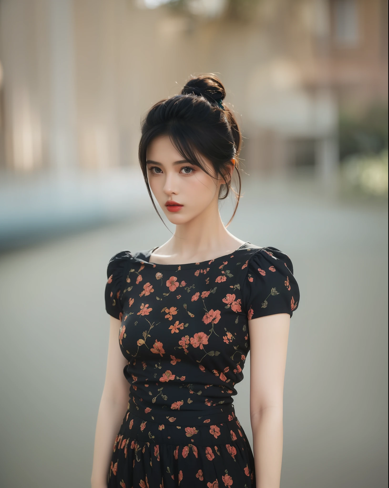 (long skirt:1.2),(blue flowers print:1.2),(yellow flowers print:1.2),(red flowers print:1.3),(birds print:1.2),(leaf print:1.2),1 girl,full body, (short hair:1.1), (realistic:1.7),((best quality)),absurdres,(ultra high res),(photorealistic:1.6),photorealistic,octane render,(hyperrealistic:1.2), (photorealistic face:1.2), (8k), (4k), (Masterpiece),(realistic skin texture), (illustration, cinematic lighting,wallpaper),( beautiful eyes:1.2),((((perfect face)))),(cute),(standing),(black hair),(short hair),black eyes,red lips, (outdoors),