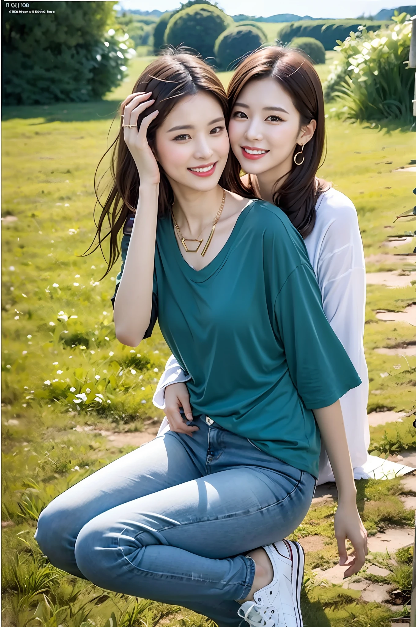 （RAW photogr，超高分辨率，tmasterpiece，best qualtiy：1.4），Complicated details，2 20 year old Korean girl，Wear a blue t-shirt and jeans from a fashion brand，Stand on the grass and take pictures，hugs，Intimate relationships，Detailed meadow，A sweet smile on a small face，The face and skin are pink and fair，Ultra-realistic facial details，Beautiful ribbons and hair accessories，Wearing a gold necklace，Playful and coquettish pose，The calves are straight and slender:1.5，Wear high-end branded colorful travel shoes:1.5，eventide，warm color，Broad lighting，naturalshadow，taking a full body photo:1.8