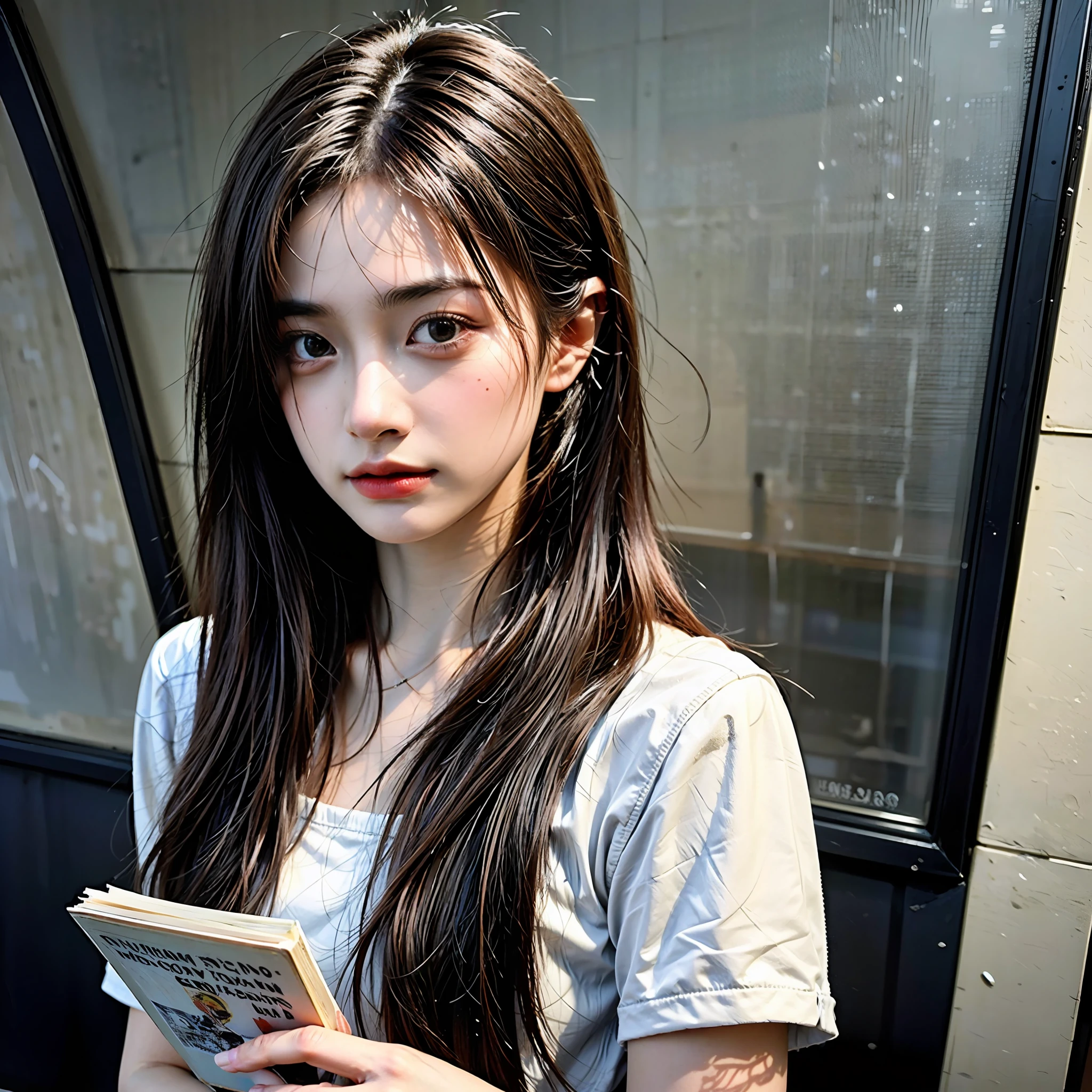 Best quality, masterpiece, ultra high res, (photorealistic:1.4), (medium shot:1.5), (1girl) inside the train station, reading a book, lit with contrasting chiaroscuro lighting, extremely detailed, ultra realistic, 10k high resolution, in the style of oil painting, watercolor, and charcoal sketching, inspired by the Realism, Impressionism, and Post-Impressionism art styles