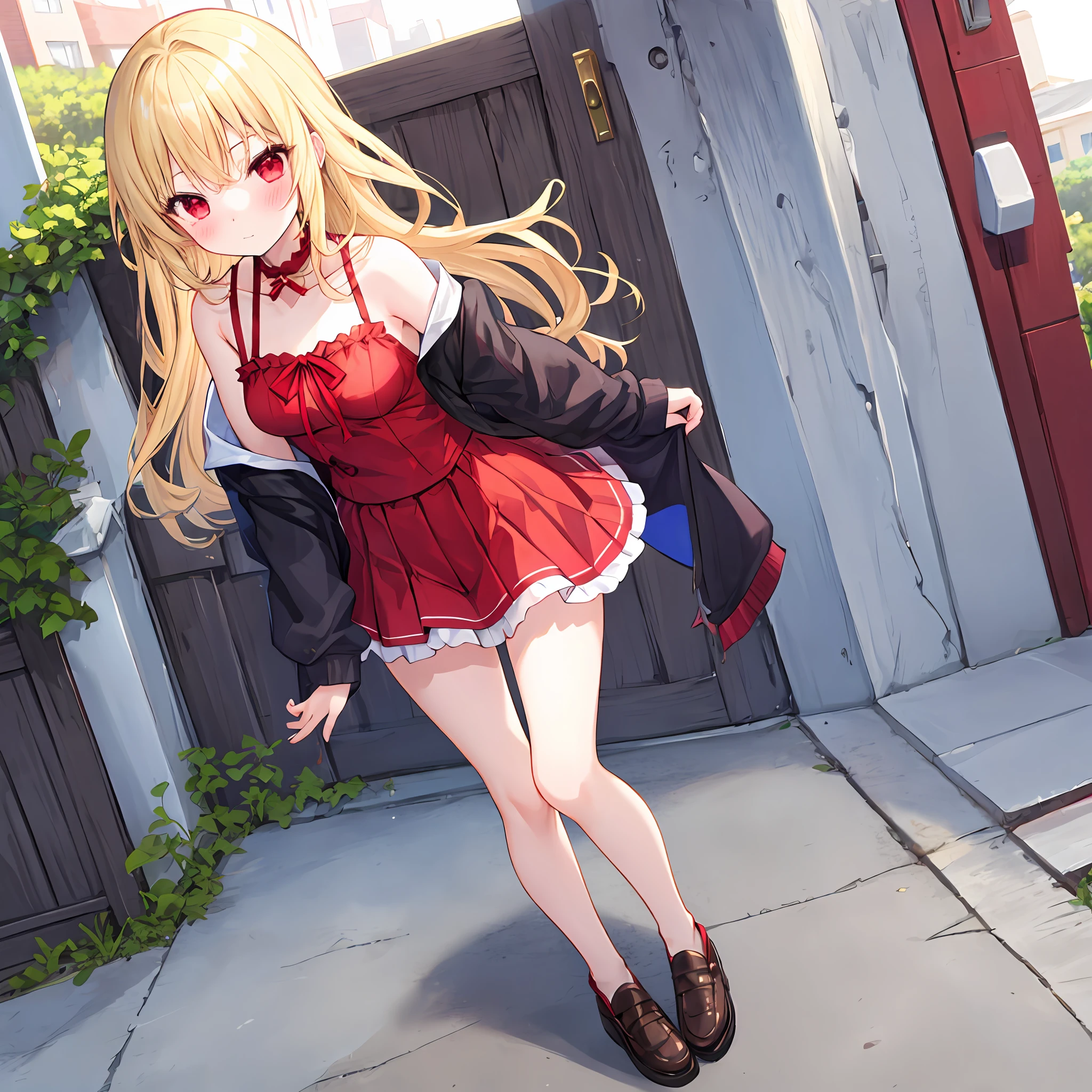 a blond、red eyes、One girl、kawaii、animesque、Fluffy clothes、off shoulders、a miniskirt、outside of house、red blush