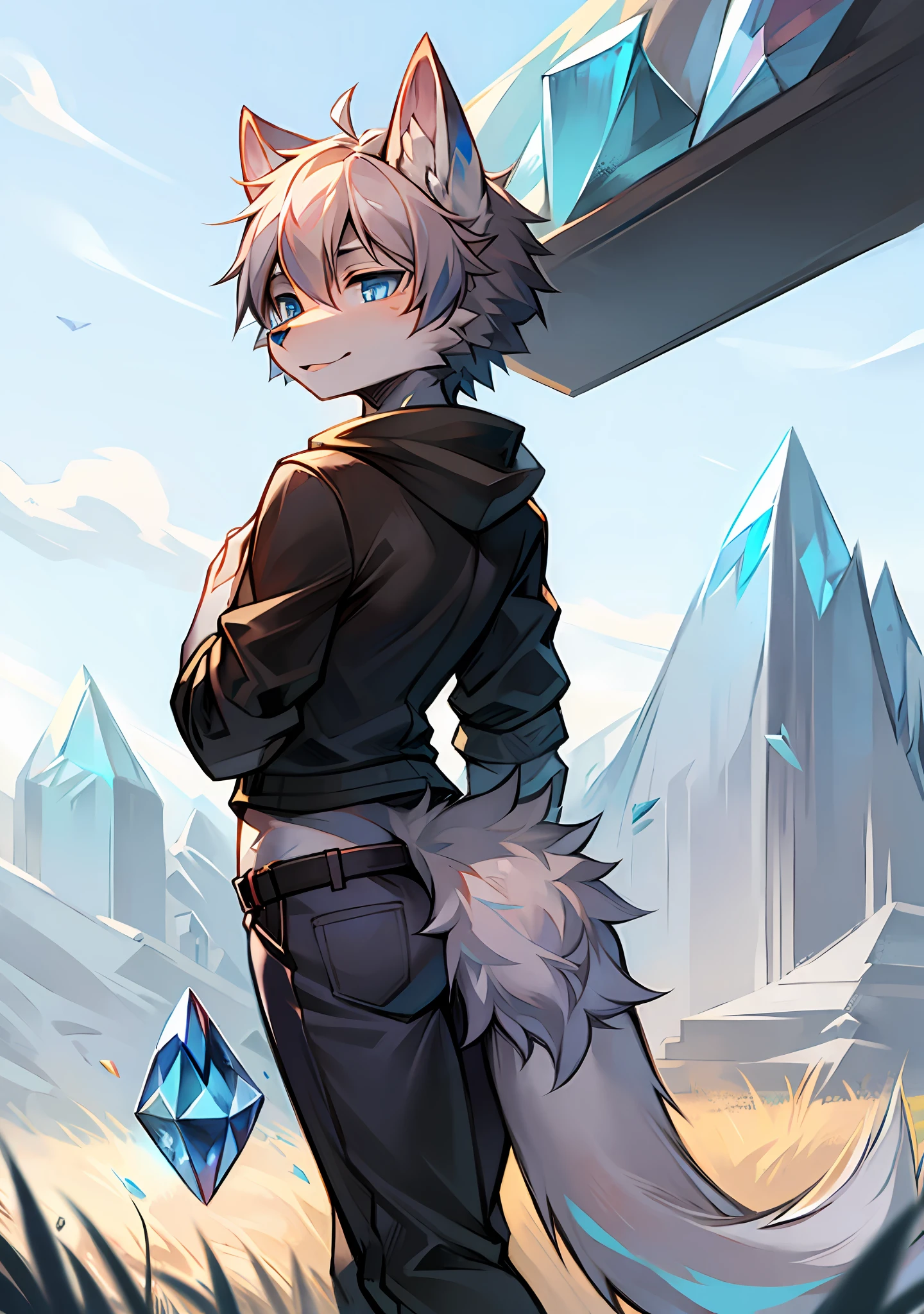 Furry,Wolf Boy,White fur,crystal blue eyes,Single fluffy tail,greyt hair,short detailed hair,on a field