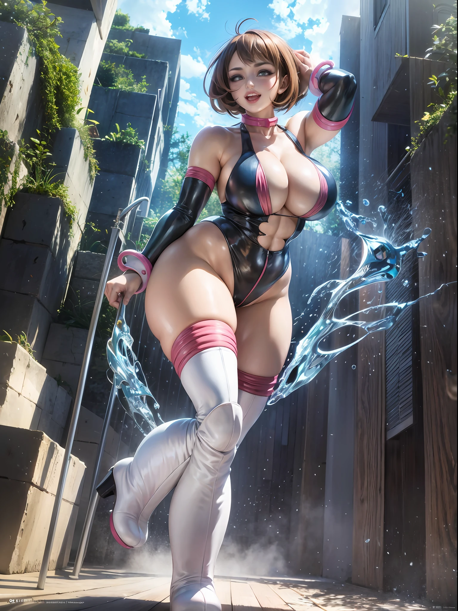 Photorealistic, Show from the hips to the shoulders, girl,Woman,Female, 年轻, 20 years old, beautiful detailed cold face, Seductive smile, beatiful detailed eyes, Log Cabage,bright skin, White skin, highleg, The specifics of the absurd, High Art, Ridiculous resolution, High resolution, (masutepiece:1.4), super detailed, 1 Awkward Girl, Smooth skin, shiny milky skin, Colossal tits, Big ass , venusbody, thick juicy thighs, 鎖骨, Cleavage Closed mouth, Cute face,Abs,( Muscular woman),  1girl in, Solo, masutepiece, Best Quality, hight resolution, hmochako, blush stickers, Short hair, medium breasts, Superhero, body suit, long boots, jump, Bound, Magic, Smile, Open mouth, skyporn, cloud, Magic huge, Huge ass, Pink body suit, White boots, Brown hair, (Torn clothes:1.2),