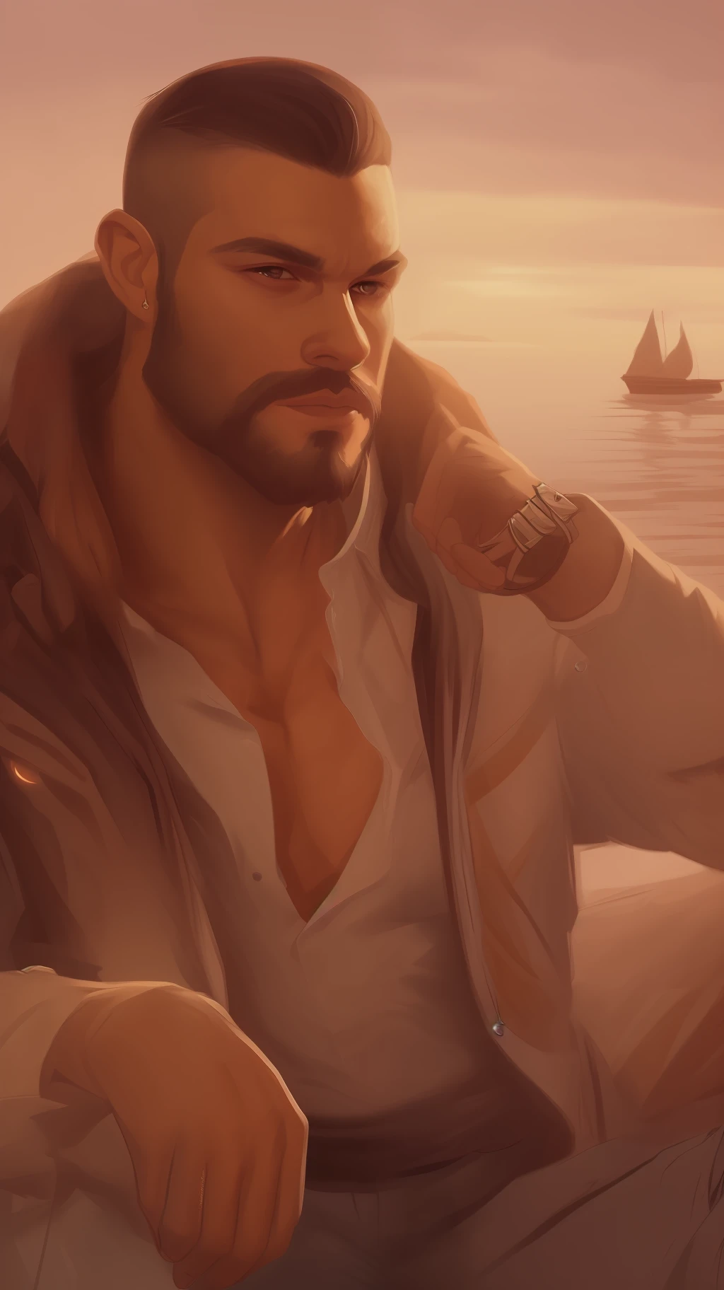 A painting of an insanely handsome 50s attractive fisherman by the ocean, full body, very hairy body, big beefy man, ripped checkered, exposed hairy body, tanned, raunchy, toned body, beach, summer, sunny, soft lighting, muscular, extremely charming, kind smirk, dimple, fishing tools, boats, fish by Craig Mullins, Greg Rutkowski, painterly style, central composition, big nose, big hands, light brown hair, insanely handsome.