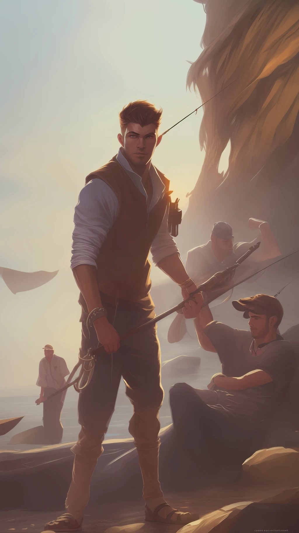 A painting of an insanely handsome 50s attractive fisherman by the ocean, full body, very hairy body, big beefy man, ripped checkered, exposed hairy body, tanned, raunchy, toned body, beach, summer, sunny, soft lighting, muscular, extremely charming, kind smirk, dimple, fishing tools, boats, fish by Craig Mullins, Greg Rutkowski, painterly style, central composition, big nose, big hands, light brown hair, insanely handsome.