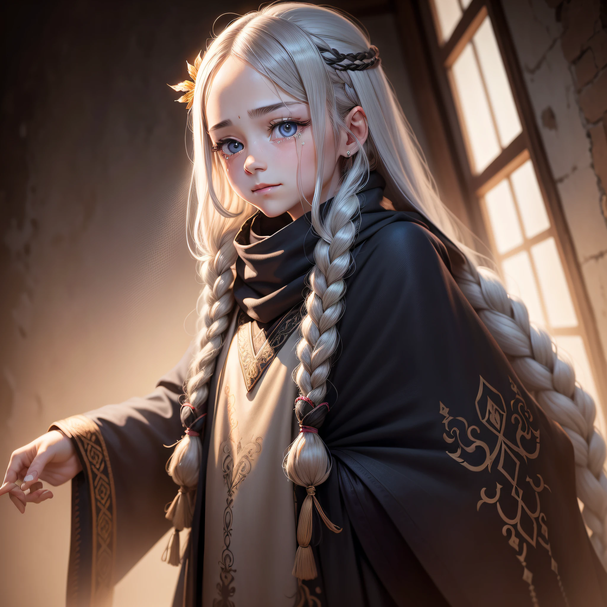Long hair shawl, Side braids, Pupil mismatch, tears, ssmile, The expression was pensive, verbal invitation, high detal, morden style, Divine light penetrates, Optical illusion, High Picture Quality, A high resolution, 16K。