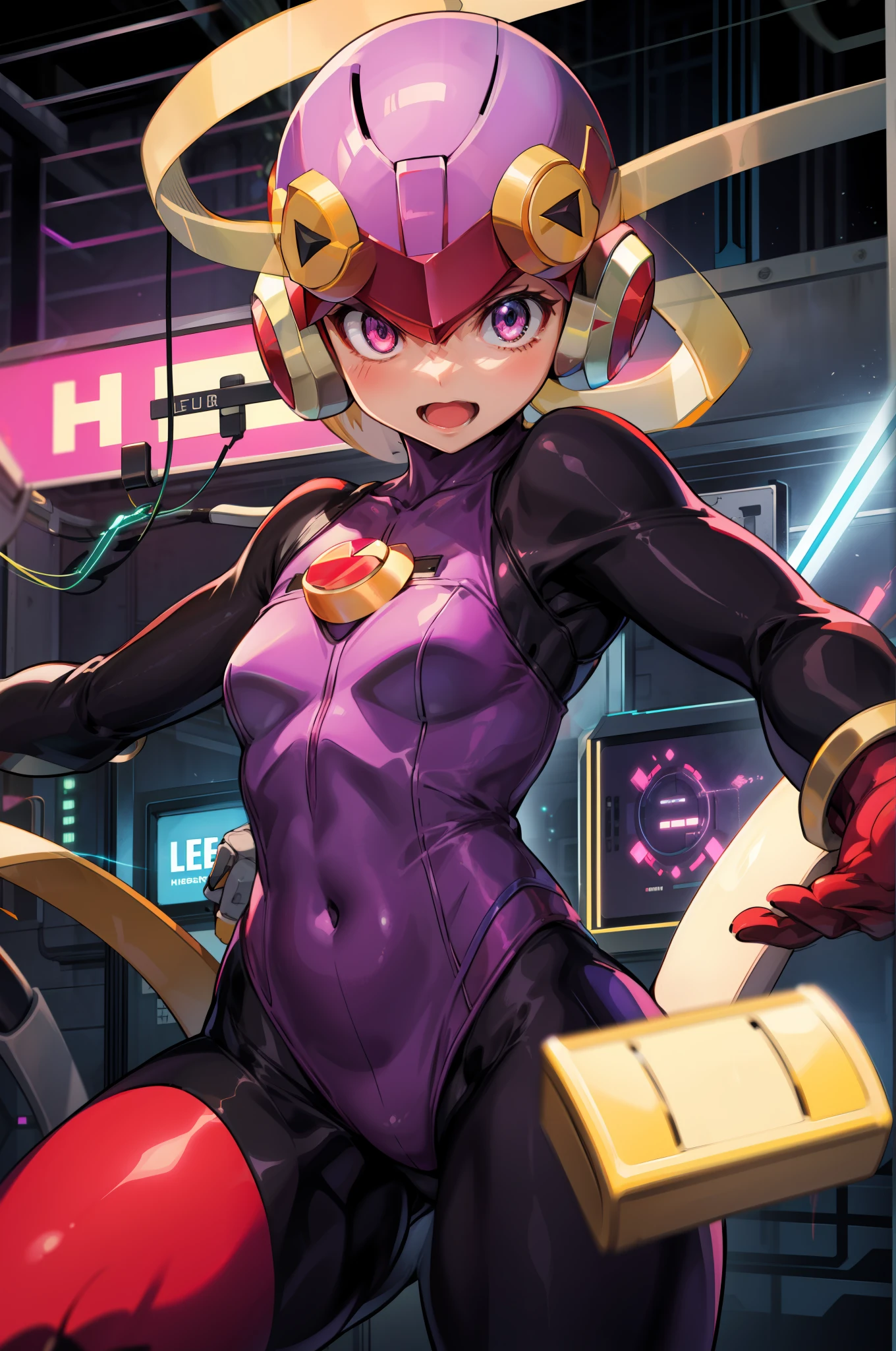 masutepiece,Best Quality,1girl in,roll_....exe_megamanbn,(helmets),Blonde hair,Long hair,Leotard,Pink eyes,Purple bodysuit,body suit,Eyes without light,moderate breast bulge,Thin laughter,Nails with sharp fingertips,Tied to a machine,glowing circuit background,Black lightning strike