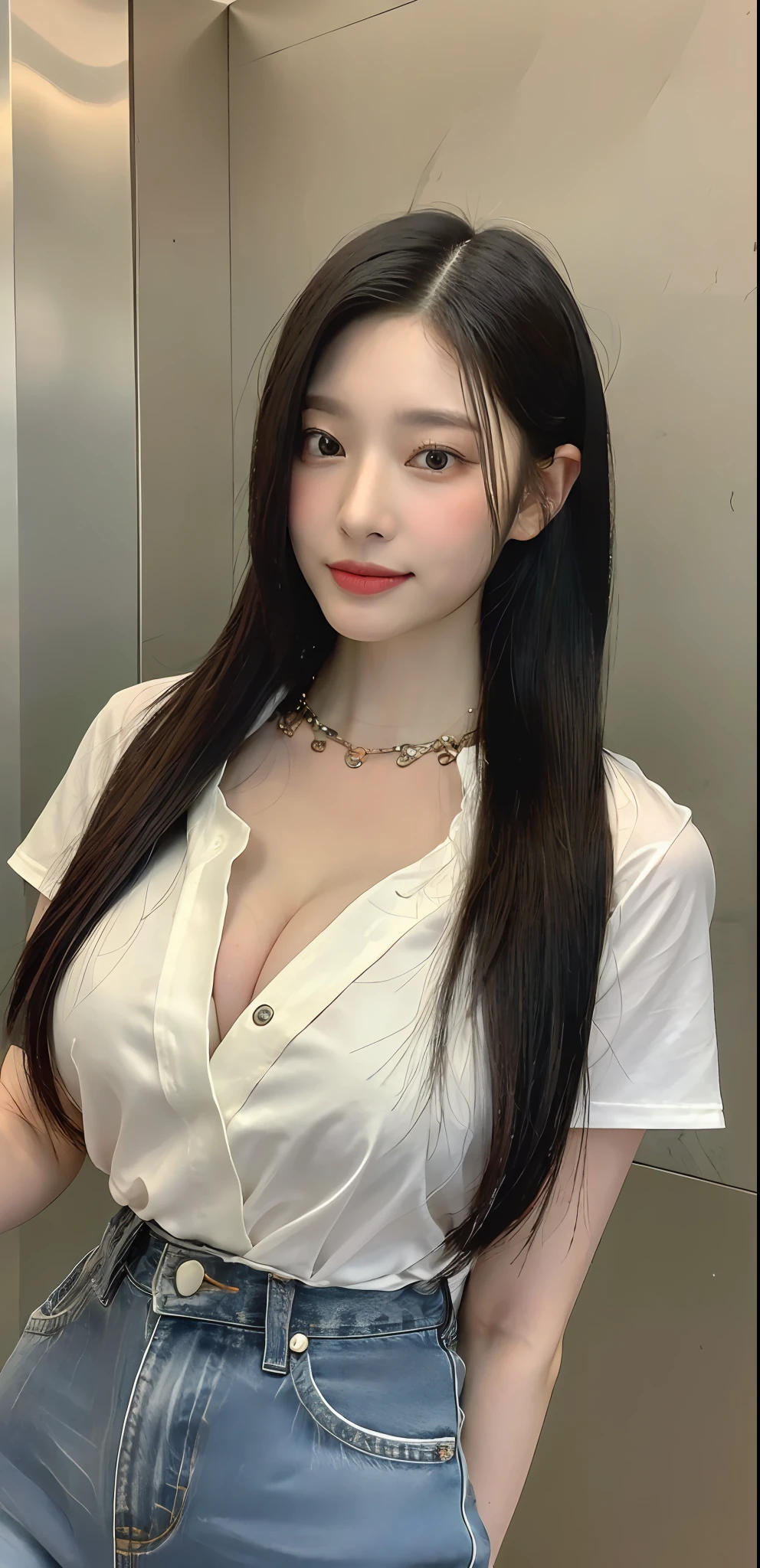 ((Midnight, Best quality, 8k, Masterpiece :1.3)), Sharp focus :1.2, A pretty woman with perfect figure :1.4, Slender abs, thigh :1.1, ((black hair, large breasts :1.2)), (unbuttoned blouse, jeans skirt, sneakers, standing :1.2), ((inside the elevator :1.3)), Highly detailed face and skin texture, Detailed eyes, Double eyelid, smirk, close up POV, from above, cleavage