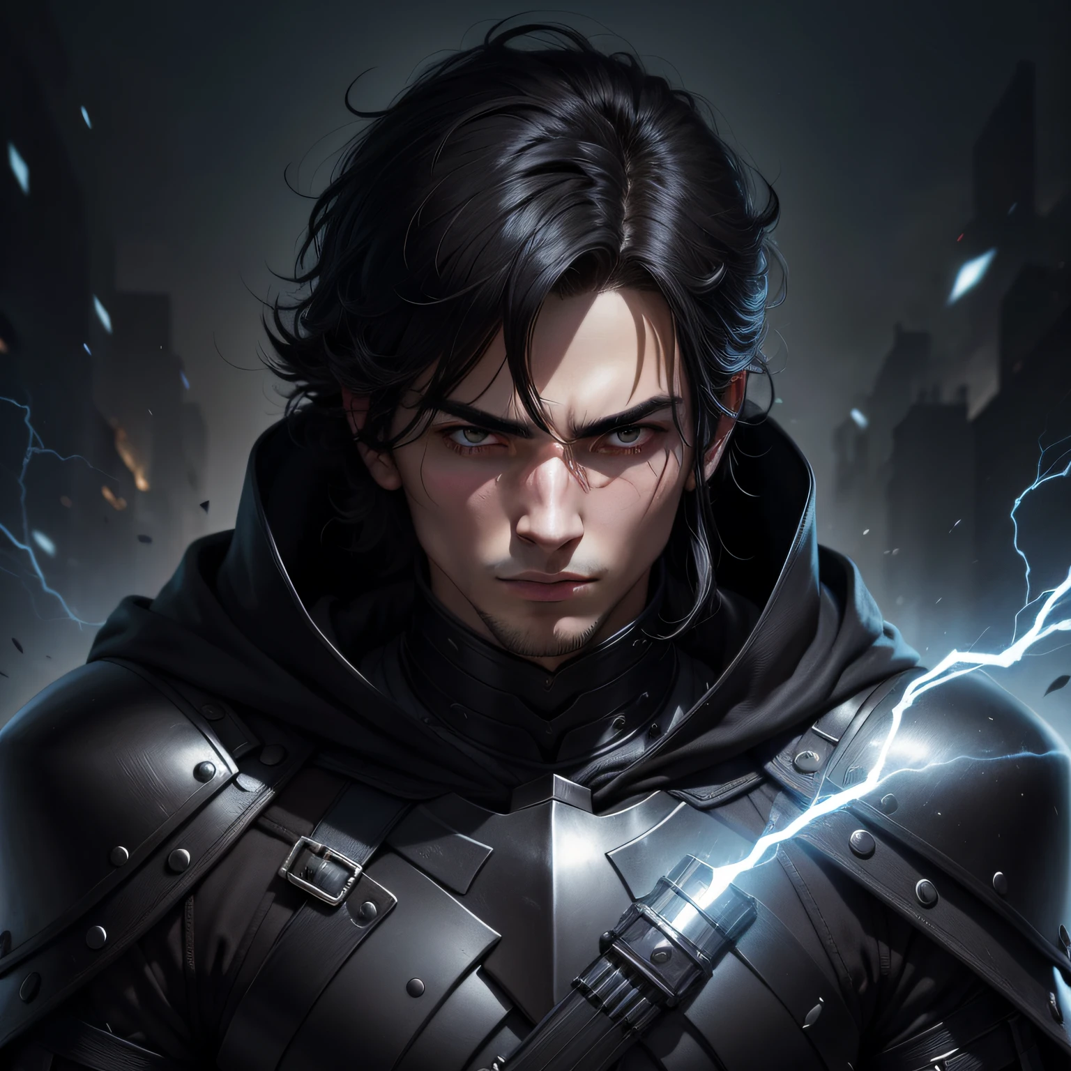 A 23-year-old man with powers of control over the darkness and wearing black armor and hood.