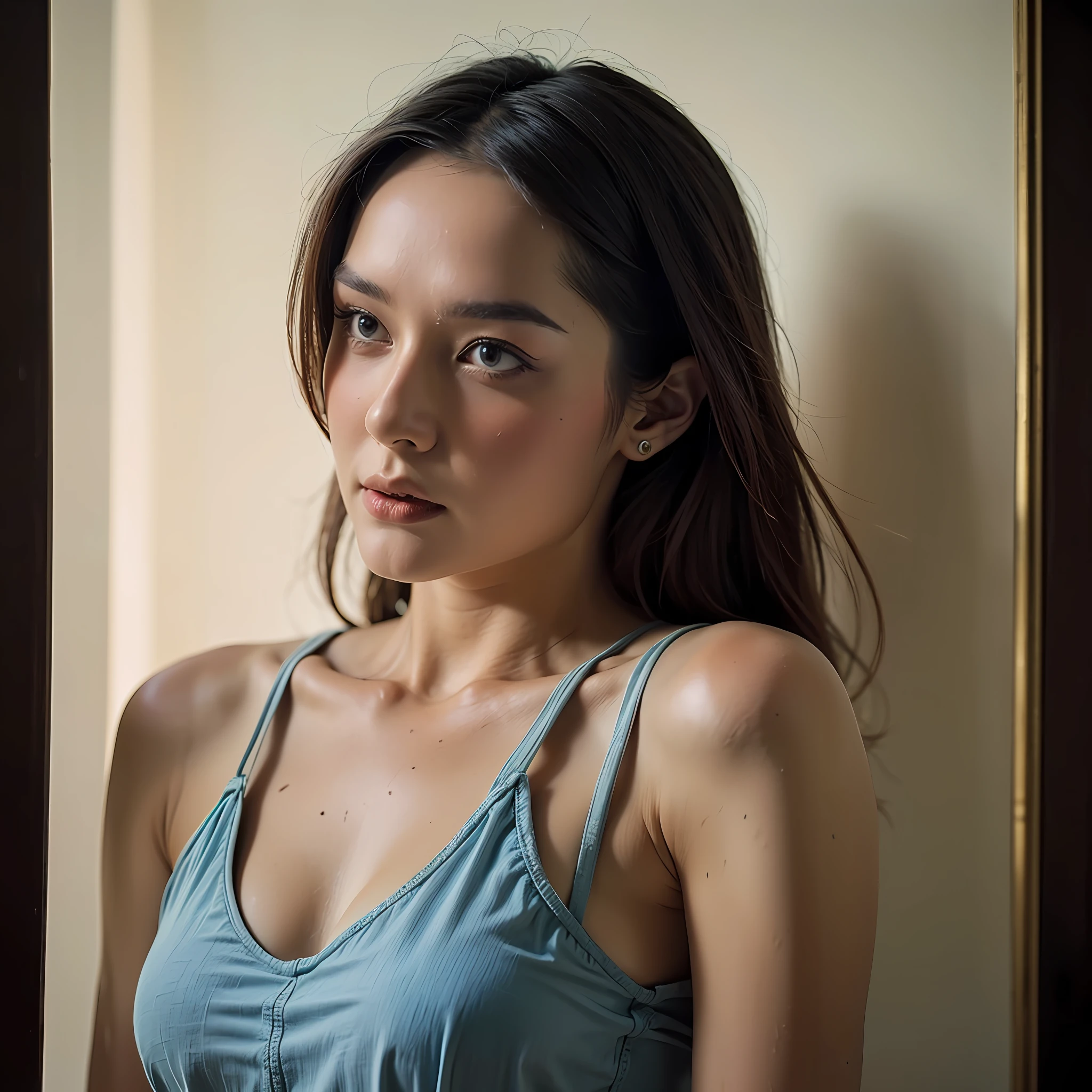 Best quality, masterpiece, ultra high res, (photorealistic:1.4), (medium shot:1.5), (1girl), inside the train station, lit with soft, warm backlighting, extremely detailed, ultra realistic, 10k high resolution, in the style of pastels, acrylic painting, and pen and ink, drawing influences from the Renaissance, Baroque, and Romanticism art styles.