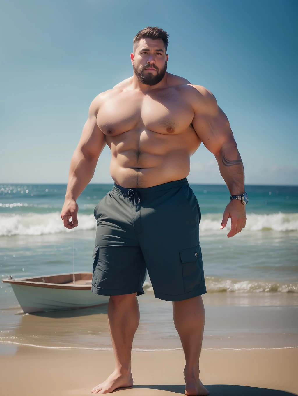 A painting of an insanely handsome hunky 50s attractive fisherman by the ocean, full body, very hairy body, big beefy man, ripped checkered, exposed hairy body, tanned, raunchy, toned body, beach, summer, sunny, soft lighting, muscular, extremely charming, kind smirk, dimple, fishing tools, boats, fish by Craig Mullins, Greg Rutkowski, painterly style, central composition, big nose, big hands, light brown hair, insanely handsome.