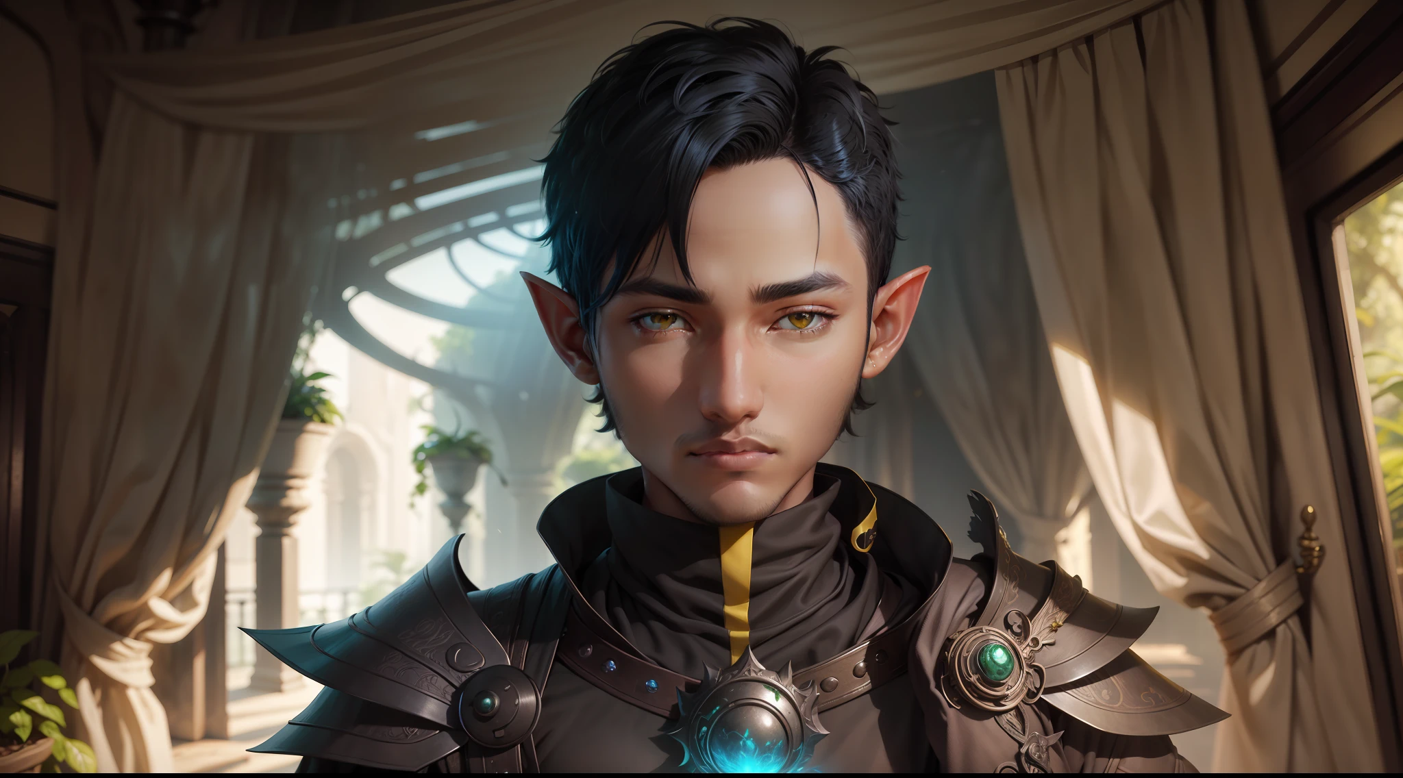 Enhance the quality and resolution of the portrait of a magical plant elf man with short black hair and yellow eyes in a futuristic style. Rasgos europeos